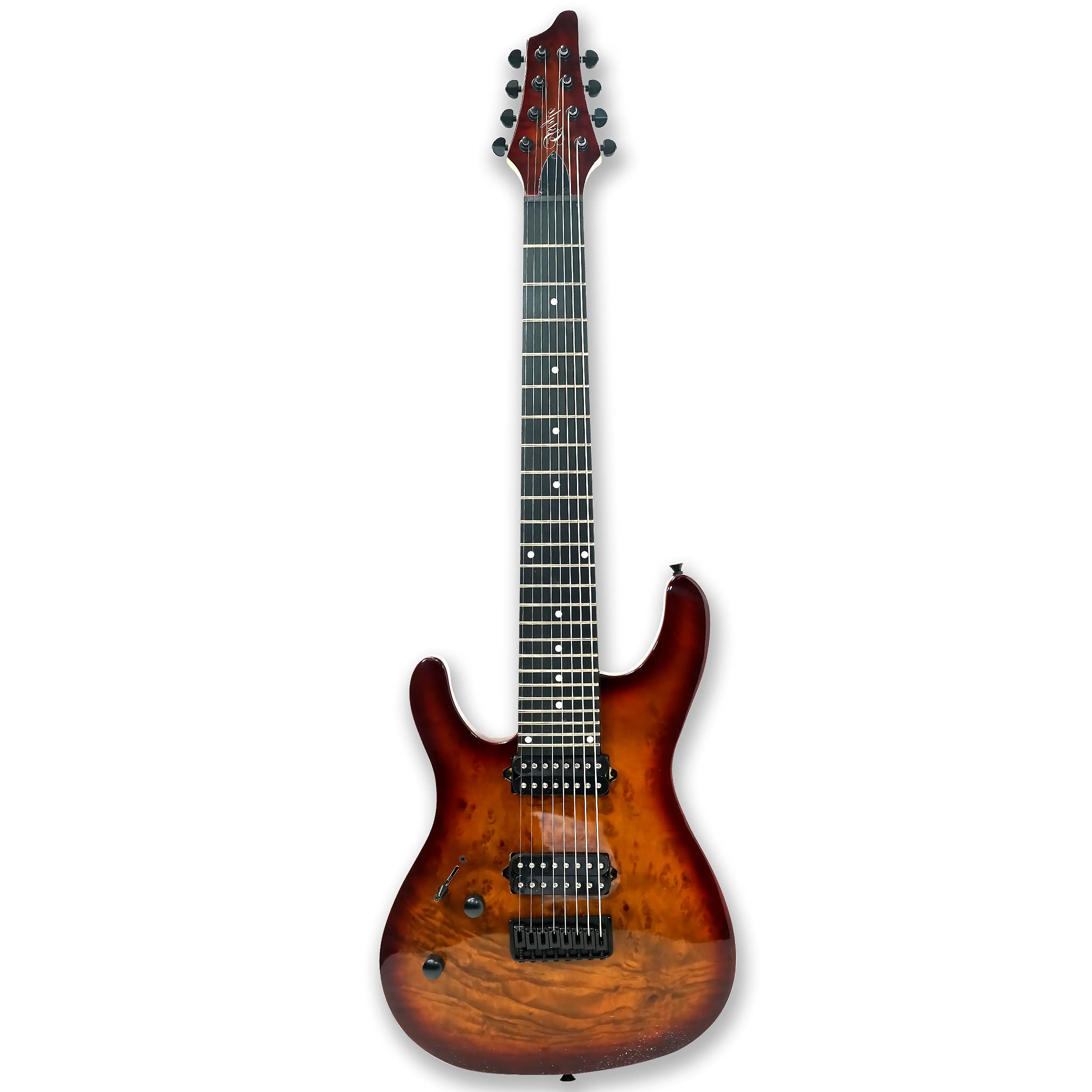 Left-Handed 8 String Electric Guitar - Burl Poplar Veneer Top, Okoume Wood Body, Bolt-On Maple Neck - Perfect for Metal, Rock & Progressive Music (ES-800)