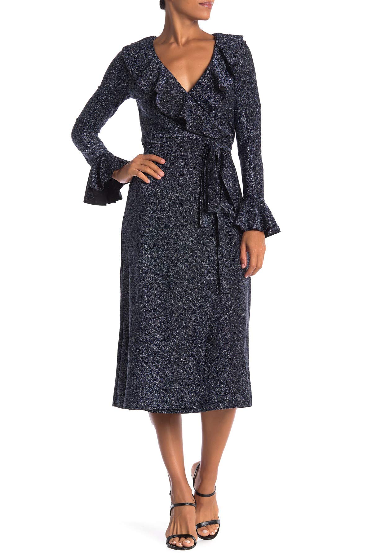 Free People One More Time Shimmer Midi Wrap Dress in Navy - Elegant Evening Wear for Parties, Weddings & Date Nights