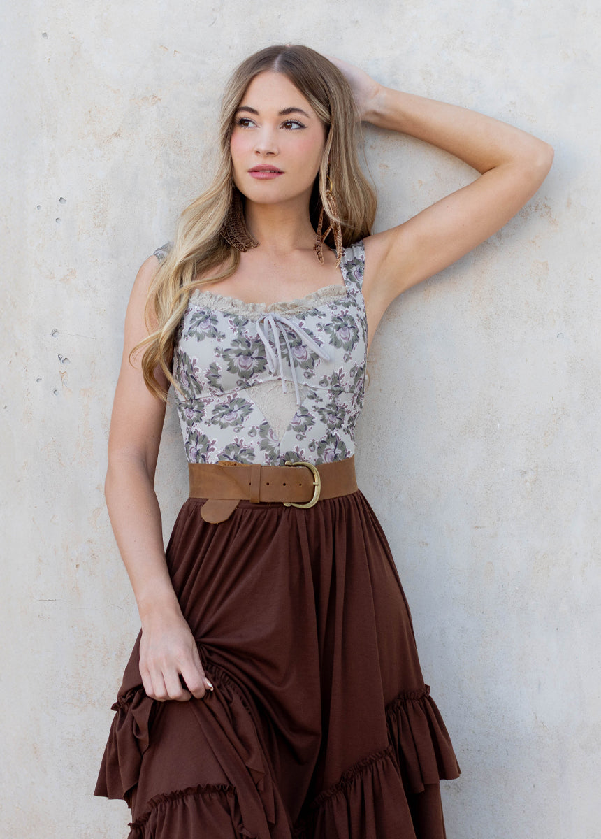Pansey Bodysuit in Taupe Floral Print | Women's Stretchy Comfortable Bodysuit Top | Perfect for Layering, Casual Outfits & Everyday Wear