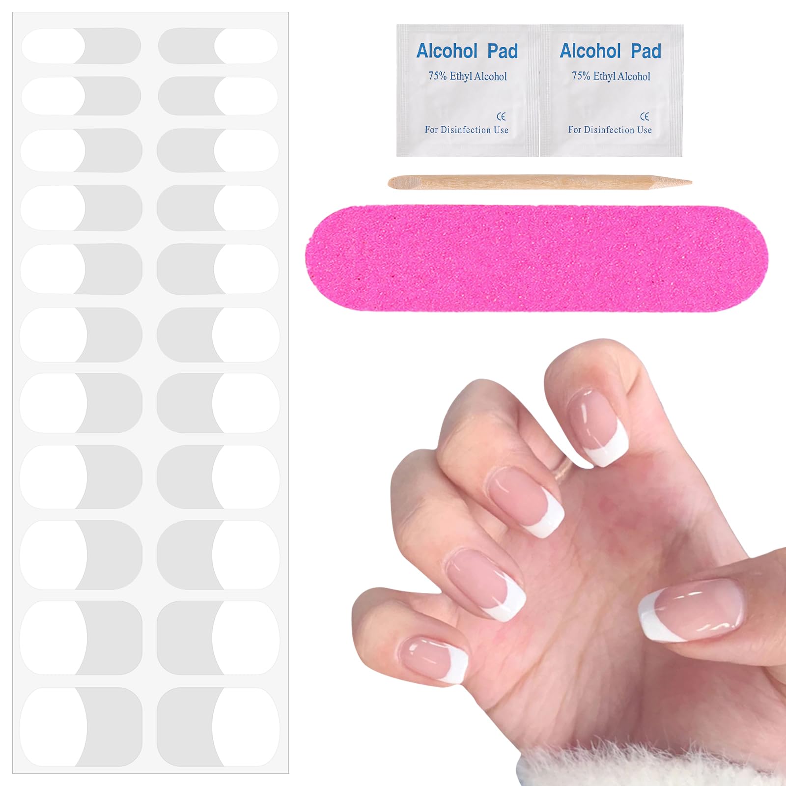 20 Pcs French Tip Gel Nail Strips - Semi Cured UV Gel Nail Stickers for DIY Manicure at Home or Salon | Easy Nail Art Design for Women & Girls