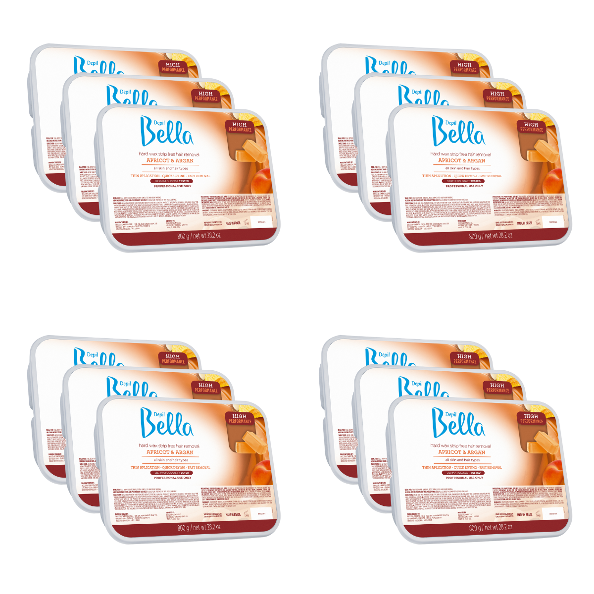 Depil Bella Professional Hard Wax for Hair Removal - Apricot & Argan Oil Formula (28.2oz, 12 Pack) | Painless Waxing for Legs, Bikini, Face & Body | Salon-Quality At-Home Hair Removal