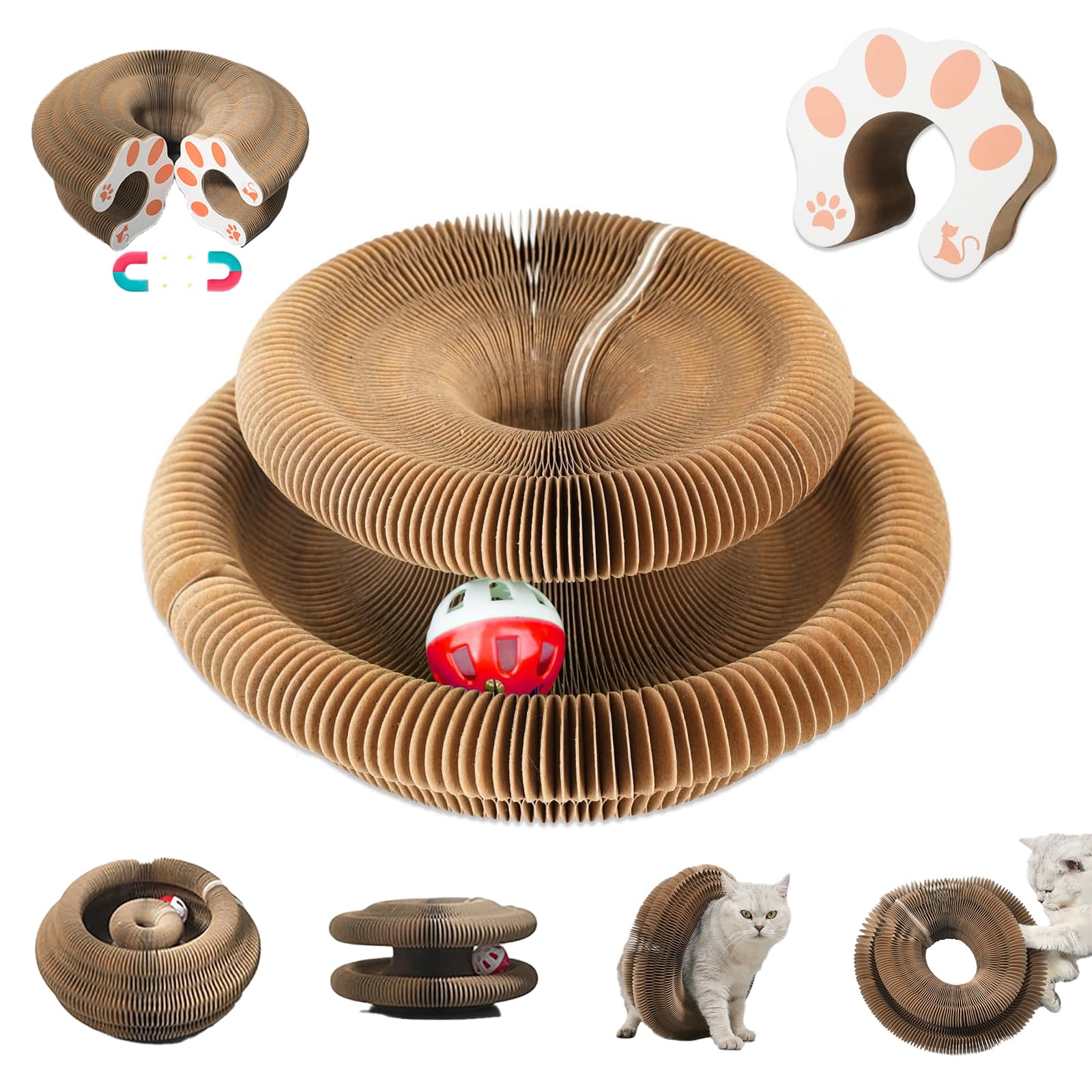FOTN Kitty Kurlz Interactive Cat Toy with Bell Ball - Foldable Accordion Shape Cardboard Scratcher for Indoor Cats - Anxiety Relief & Exercise Toy - Perfect for Playtime, Training & Stress Relief (1PC)
