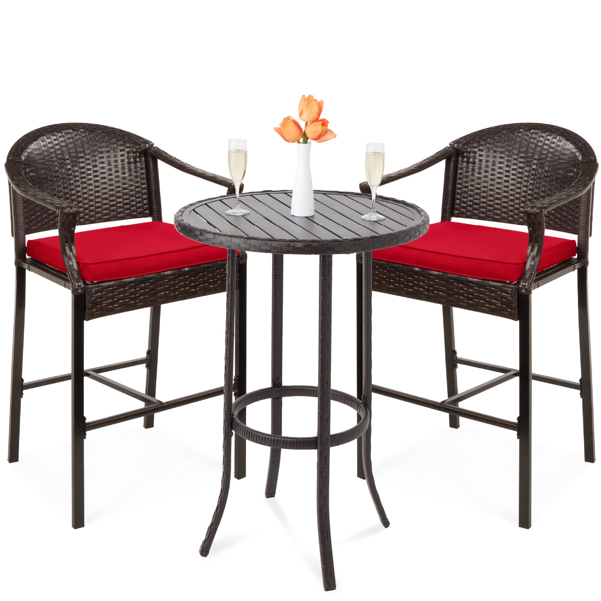 Best Choice Products 3-Piece Patio Bar Table Set - Outdoor Wicker Bar Height Bistro Furniture with Barstools & Cushions, Steel Frame in Brown/Red - Perfect for Backyard, Poolside, Balcony & Garden Entertaining
