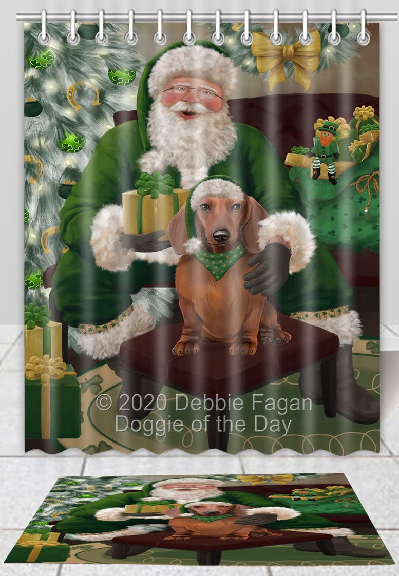 Christmas Irish Santa with Dachshund Dog Shower Curtain & Bath Mat Set - Non-Slip Bathroom Rug and 72x66 Inch Bathtub Curtain with Hooks (16x28 Inch Mat) - Perfect for Holiday Bathroom Decor and Pet Lover Gifts