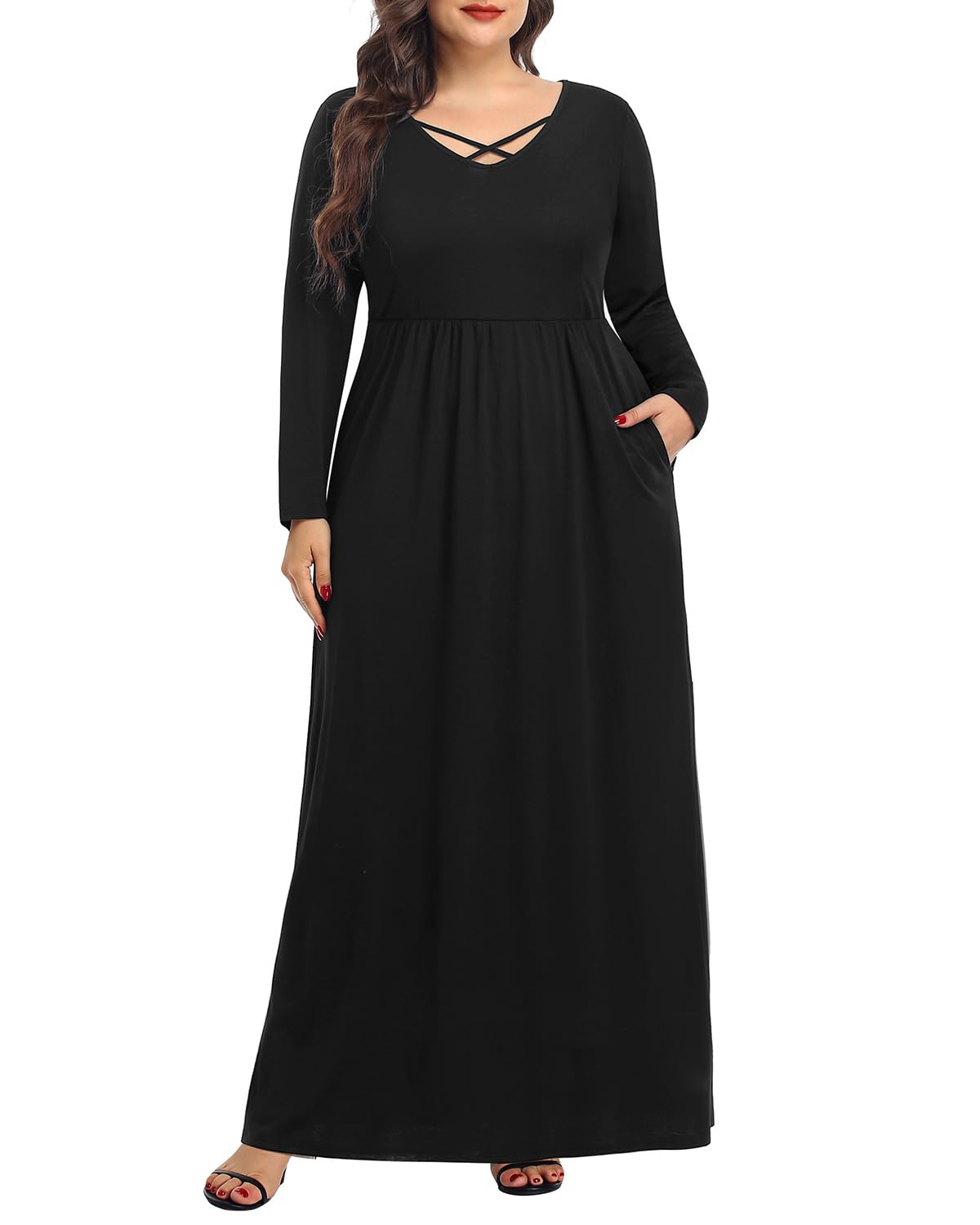 Plus Size Long Sleeve Maxi Dress for Women - Soft Casual Pinup Fashion with Pockets | Perfect for Date Night, Office Wear & Spring Outfits
