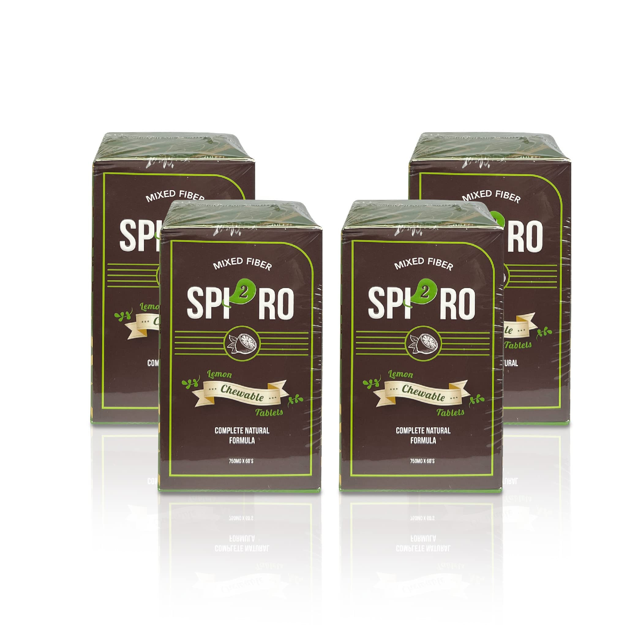 Spi2ro 3 Natural Fiber Supplement [Spirulina, Spinach, Chlorella] 750mg Tablets - Colon Cleanse, Constipation Relief, Bloating Reduction & Weight Loss Support - Lemon Flavor (60 Tablets x 4 Boxes) for Digestive Health & Detox