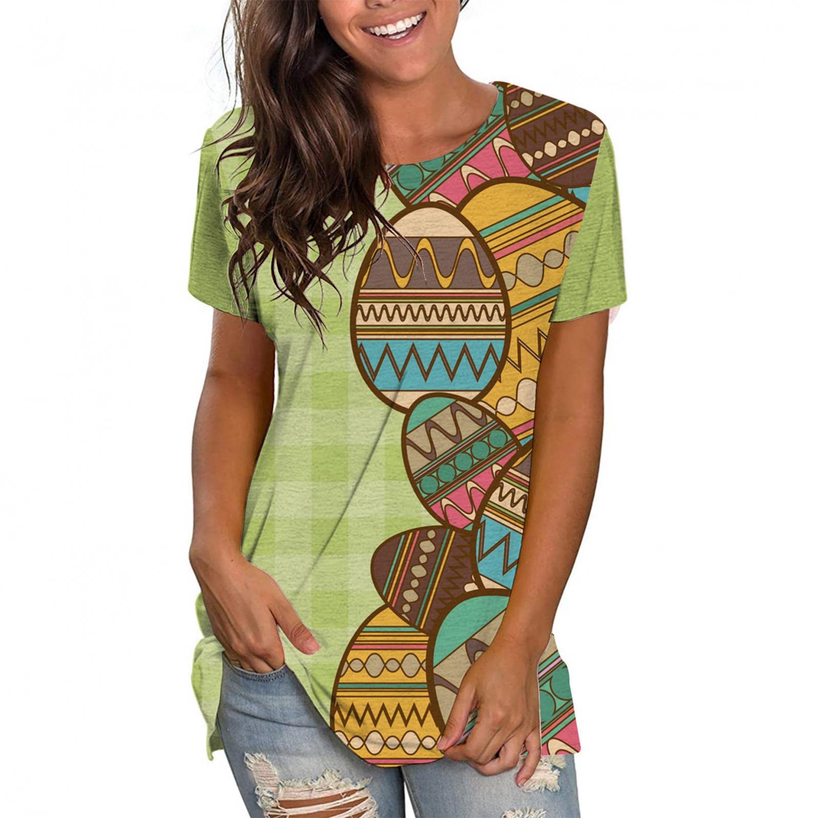 GUOBIOZIY Women's Bunny Print Crew Neck T-Shirt - Funny Egg Pattern, Loose Fit Casual Top for Summer | Perfect for Everyday Wear, Outings & Fun Events