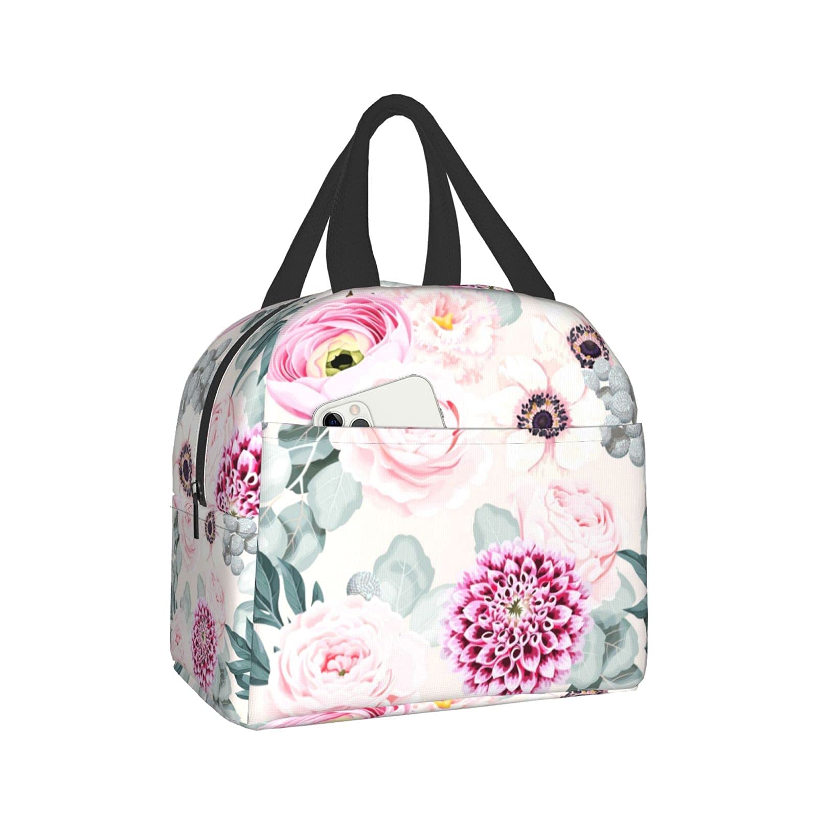 Pink Floral Insulated Lunch Bag for Women & Men - Reusable Tote Lunch Box for Food Storage, Picnic, Work, Travel, School & Office