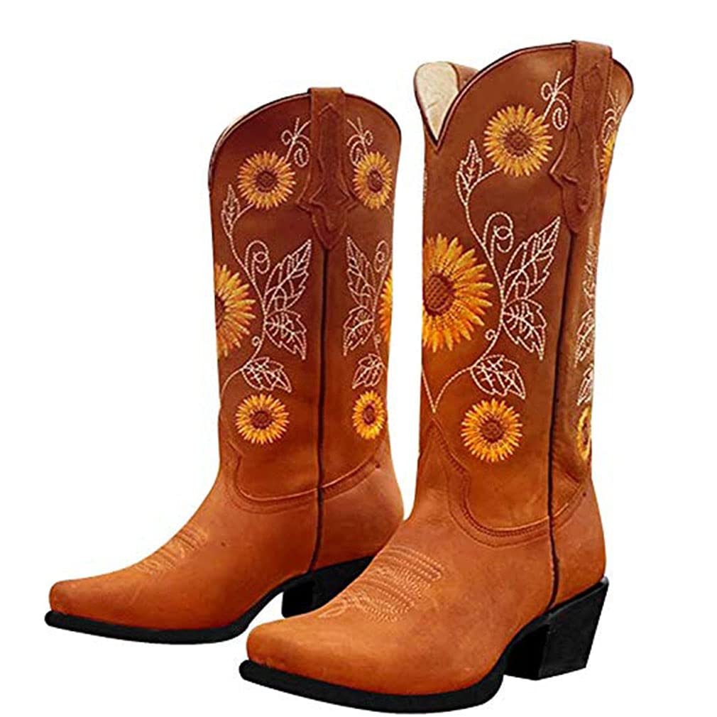 Heelchic Women's Sunflower Embroidered Western Cowgirl Boots - Round Toe Short Boots for Country Music Festivals & Rodeo Events