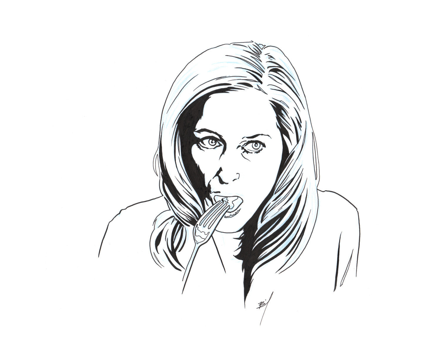 Gillian Anderson Eating Food Original Ink Drawing - Unique Celebrity Artwork for Home Decor & Fan Gifts