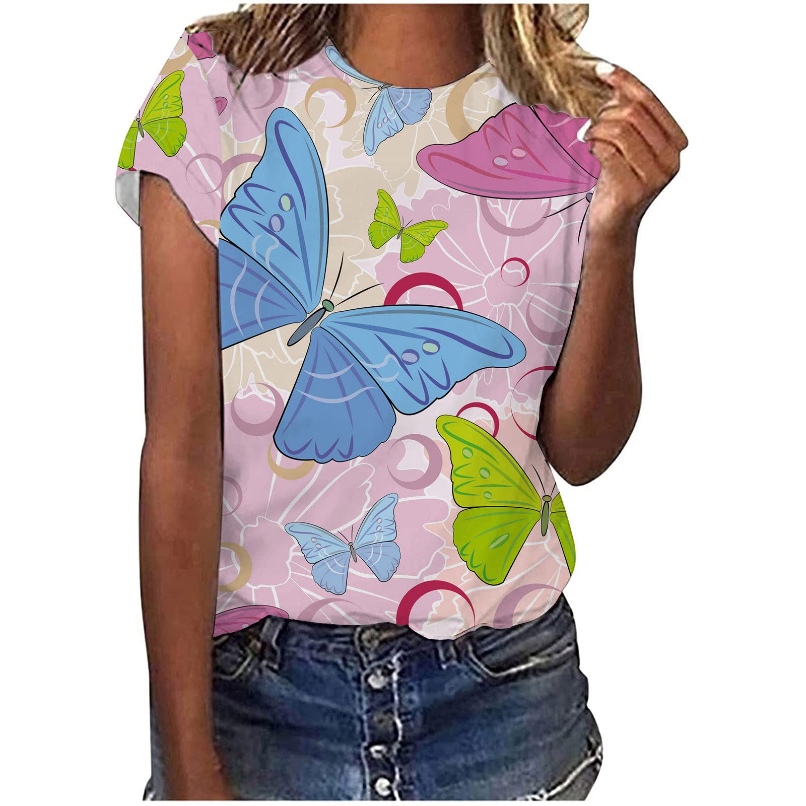 Women's Business Casual Tops - Butterfly Print Short Sleeve Blouses & T-Shirts for Office Wear & Summer Outfits