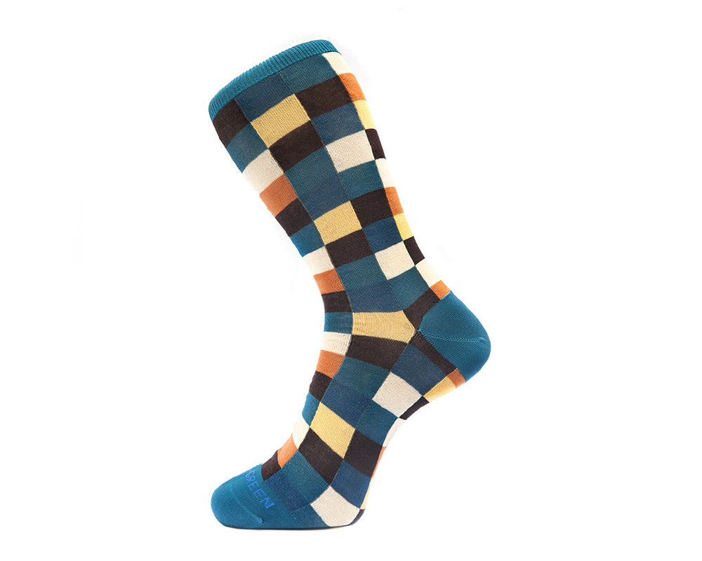 Fortis Green Men's Checkered Teal Socks - Comfortable & Stylish Casual Socks for Everyday Wear, Work, and Outdoor Activities