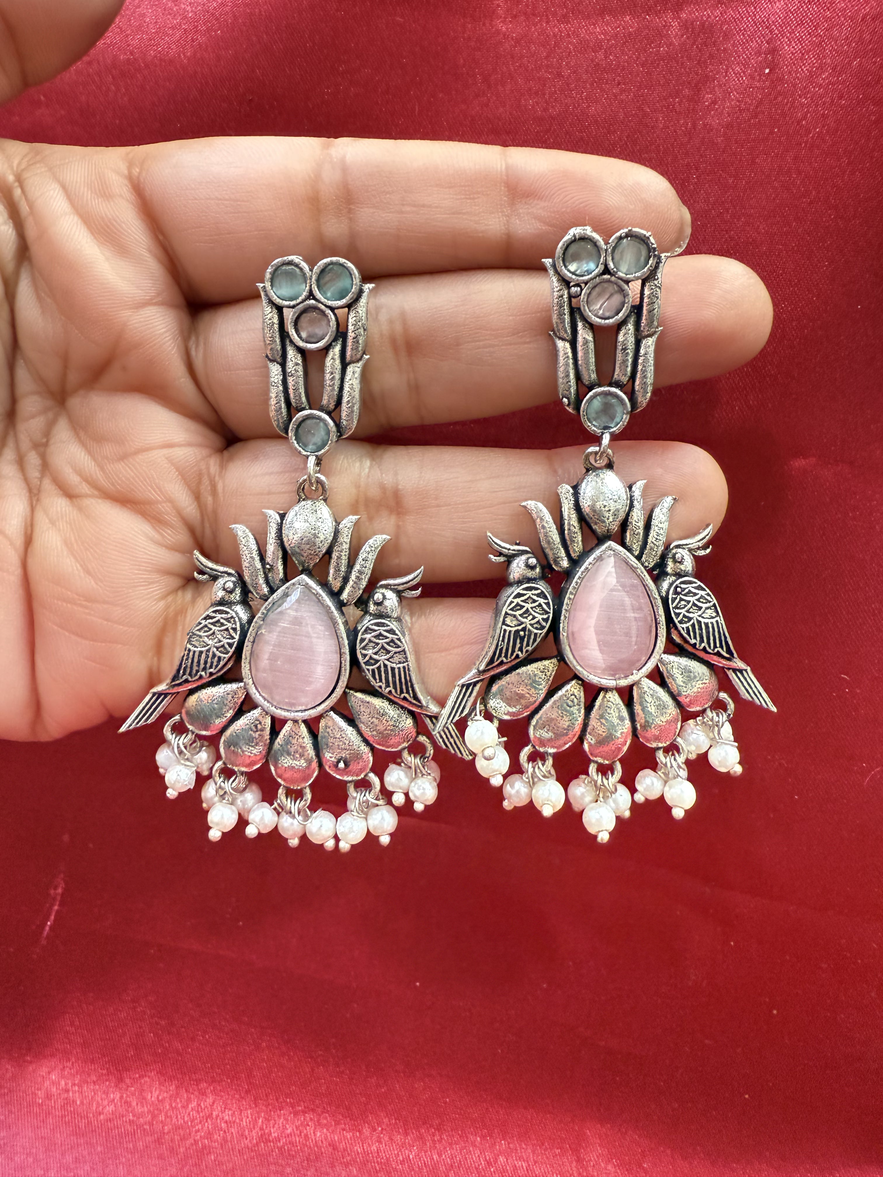 Elegant Light Pink Stone Bird Design Oxidized Beaded Earrings for Women - Boho Chic Jewelry Gift for Party, Wedding & Everyday Wear
