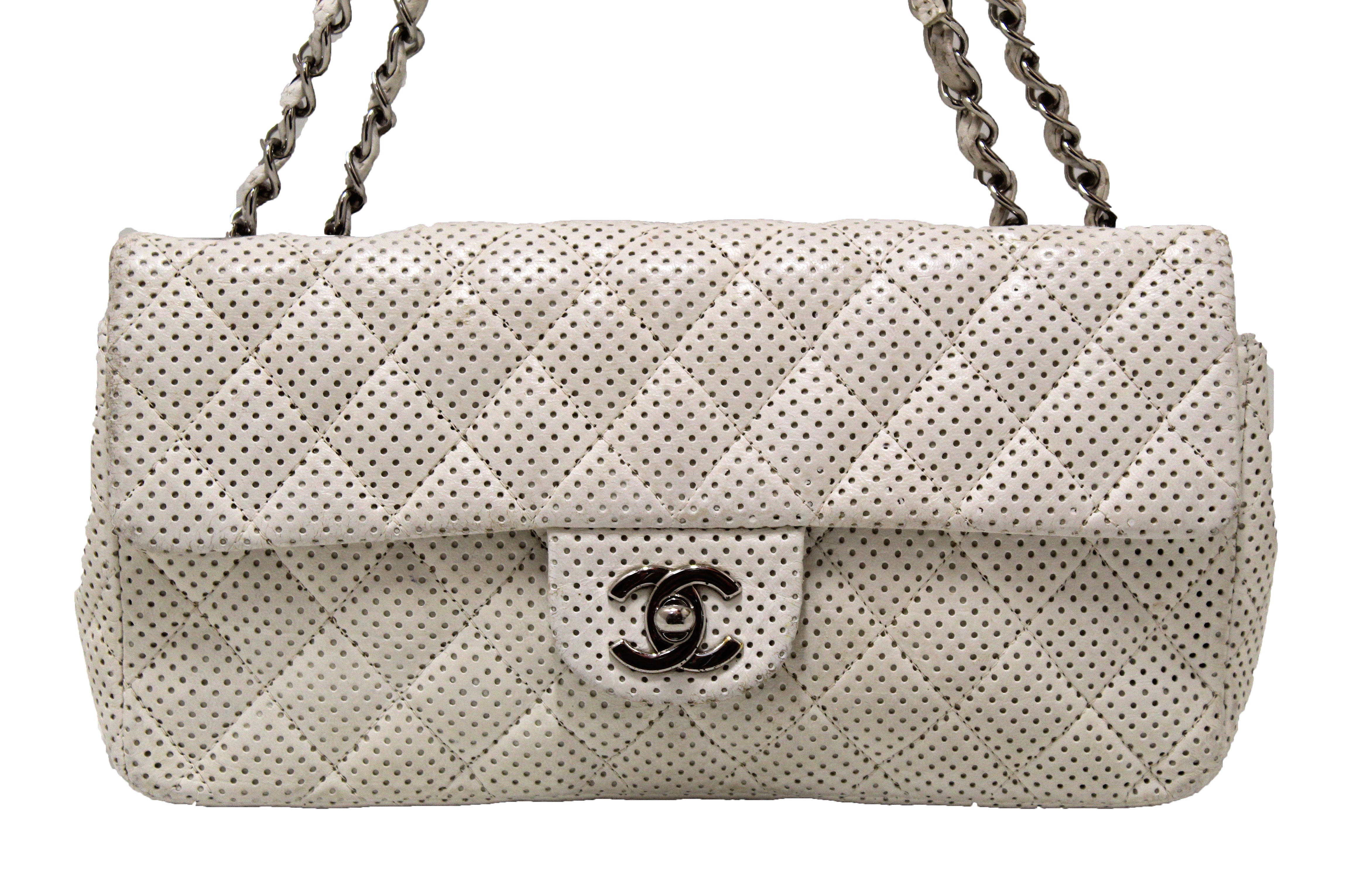 Authentic Chanel Quilted Perforated White Lambskin East West Flap Shoulder Bag - Luxury Designer Handbag for Women, Perfect for Parties, Weddings & Everyday Elegance