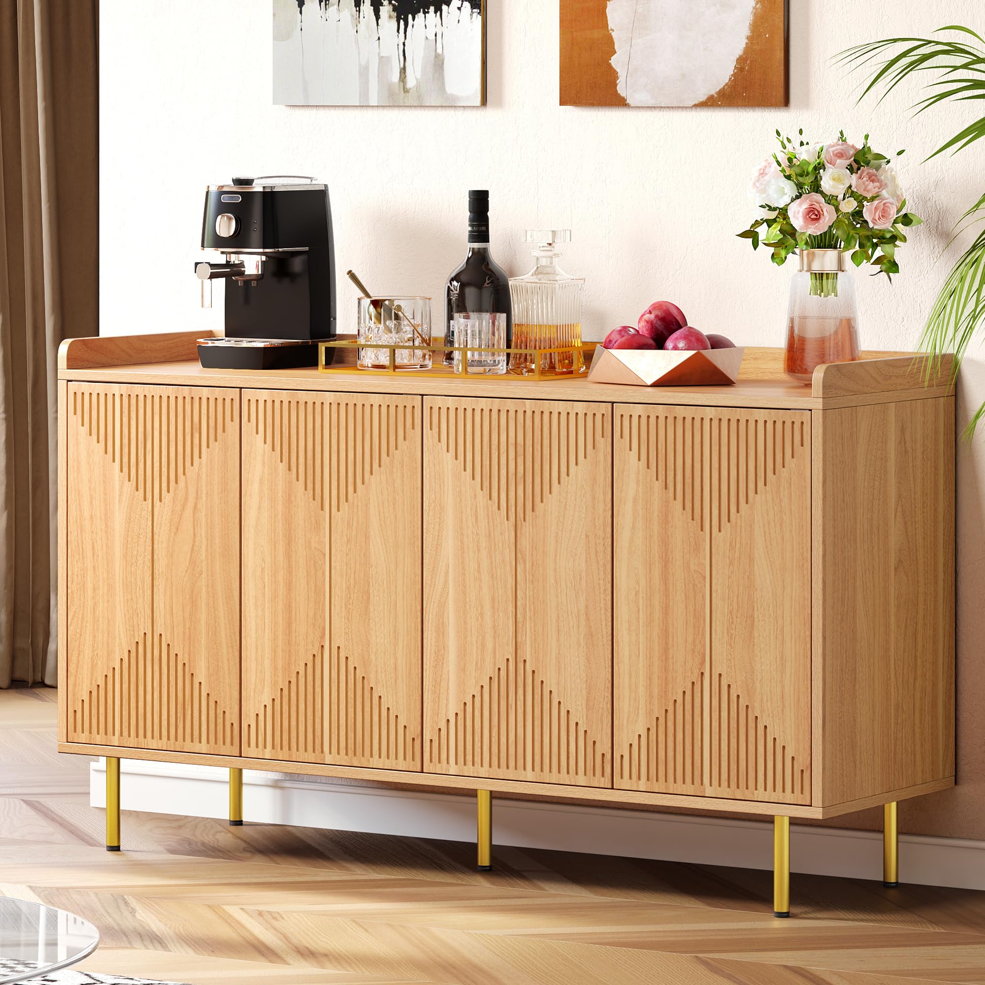 YITAHOME Modern Sideboard Buffet Cabinet - Kitchen Storage & Coffee Bar Table with Carved Doors for Living Room & Dining Room - Natural Wood Freestanding Cabinet for Home Decor & Entertaining