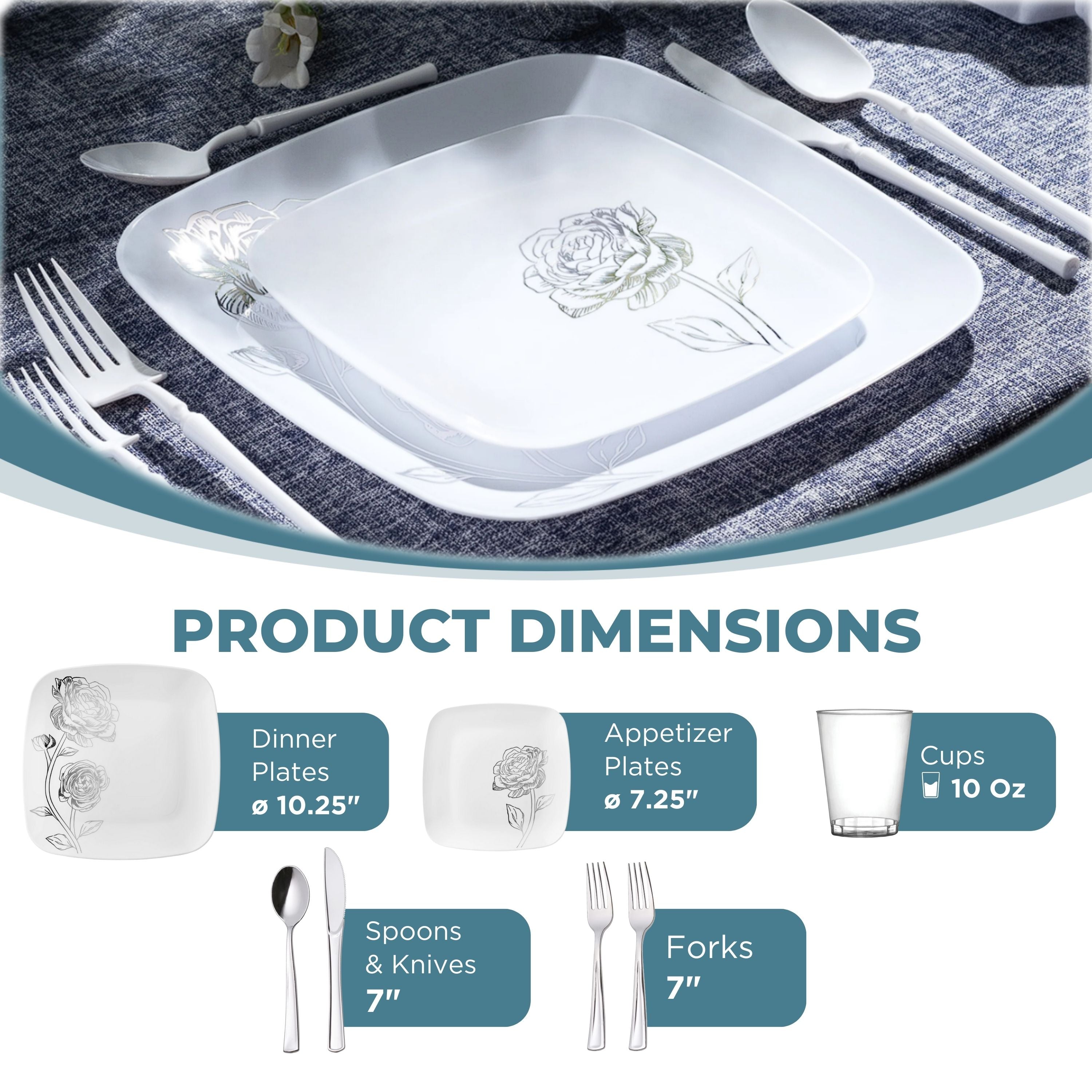 White and Silver Plastic Party Bundle with Peony Design - Elegant Tableware for Weddings, Birthdays, and Special Events