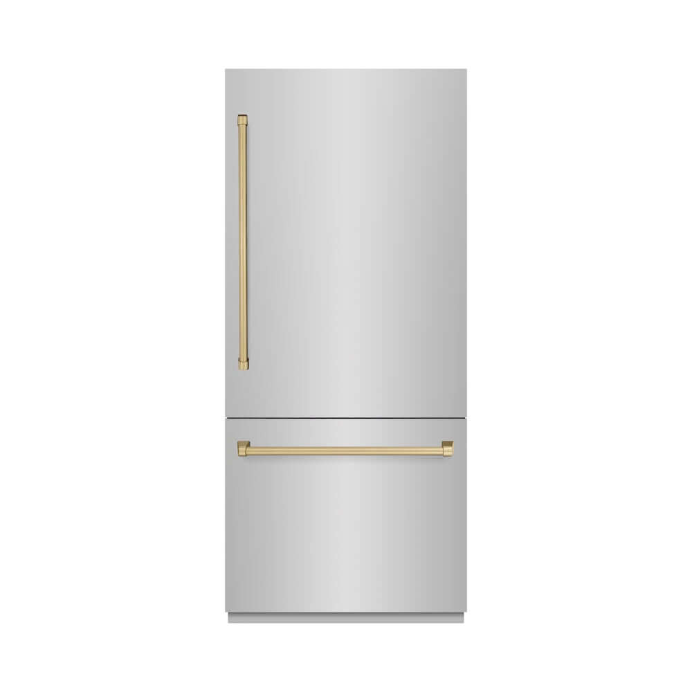 ZLINE Autograph Edition 36 Inch Built-In Bottom Freezer Refrigerator - 19.8 cu.ft Capacity, Stainless Steel with Champagne Bronze Accents, Water Dispenser & Ice Maker - Perfect for Modern Kitchens & Open Concept Homes (RBITZ 304 36CB)
