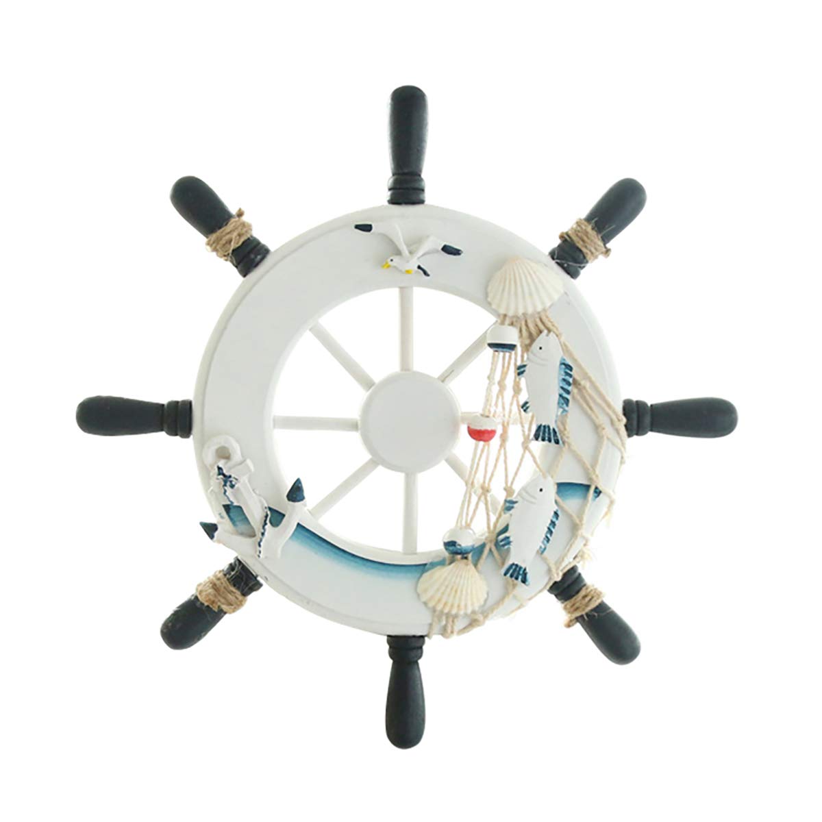 LKXHarleya Nautical Anchor Beach Wooden Boat Fishing Net Shell Ship Steering Wheel Mediterranean Style Home Wall Decor - 9x9x0.8 Inches, White - Perfect for Coastal Themed Living Rooms, Beach House Decor & Nautical Party Wall Art