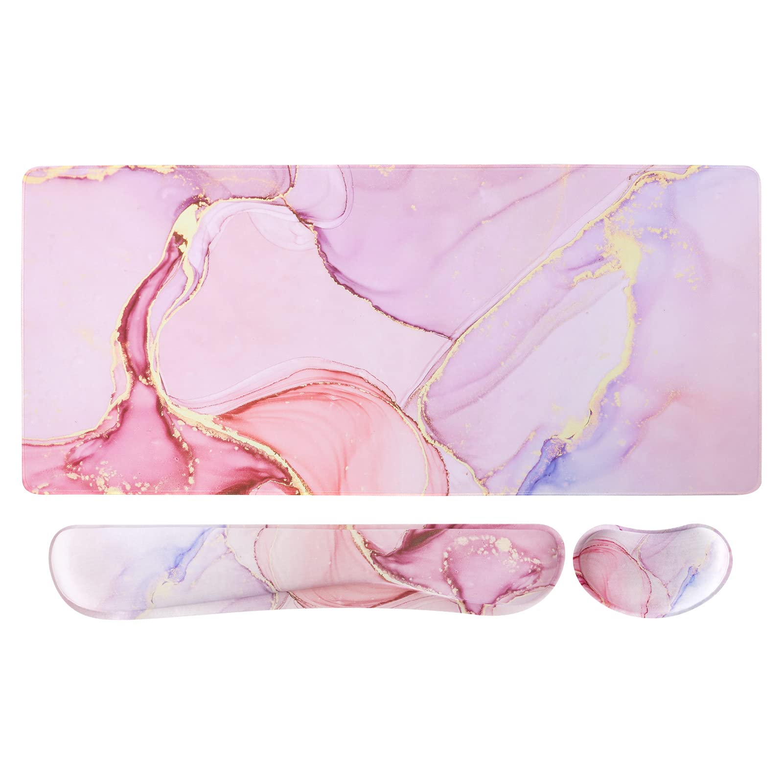 iCasso Gaming Mouse Pad Set - XXL Glitter Marble Desk Mat with Wrist Rest for Pain Relief & Comfort