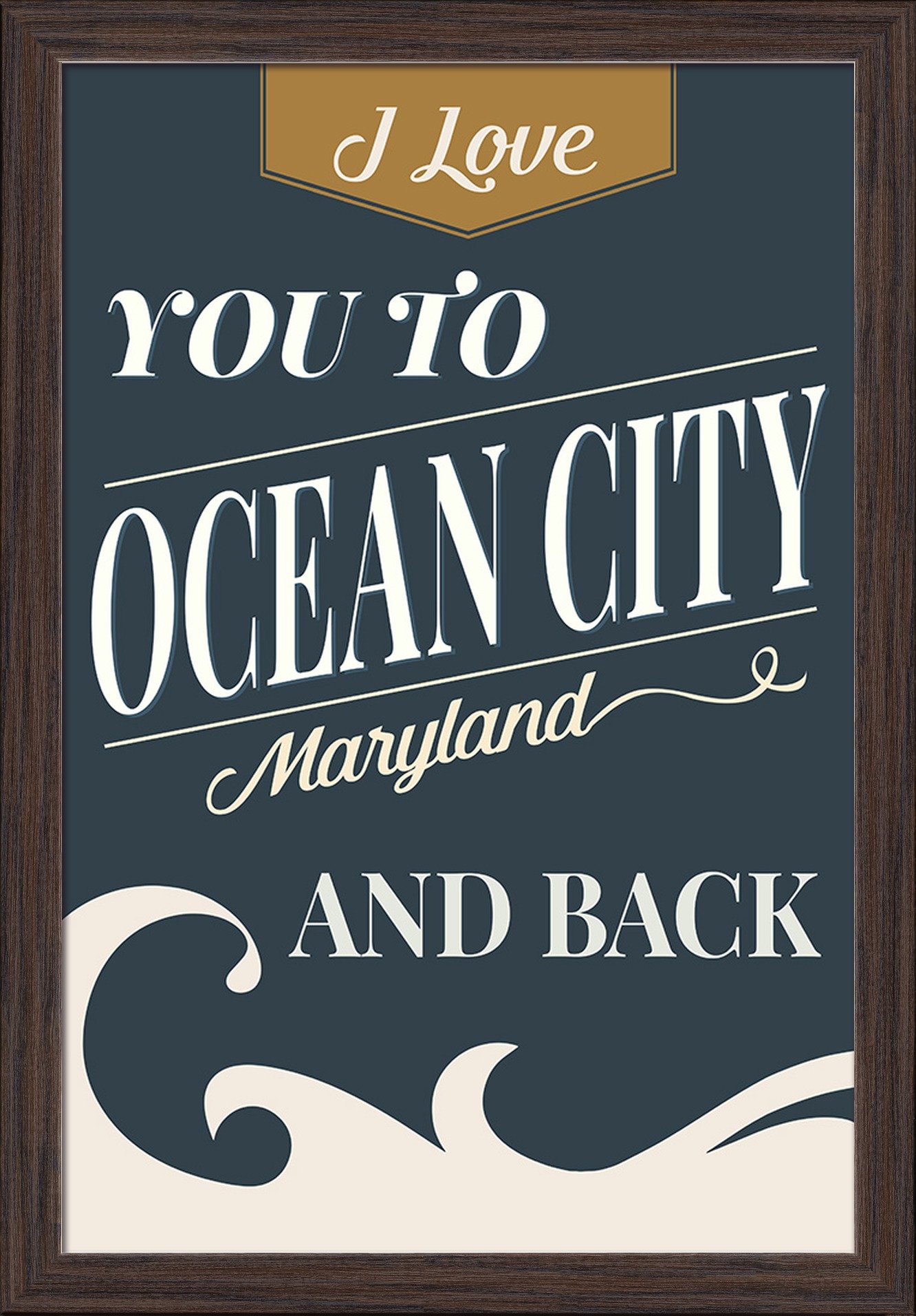 Love You to Ocean City Maryland and Back Beach Sentiment Art Print - 16x24 Giclee Fine Art on Recycled Wood Frame in Espresso Brown - Perfect for Coastal Home Decor, Beach House Wall Art & Gift for Ocean Lovers
