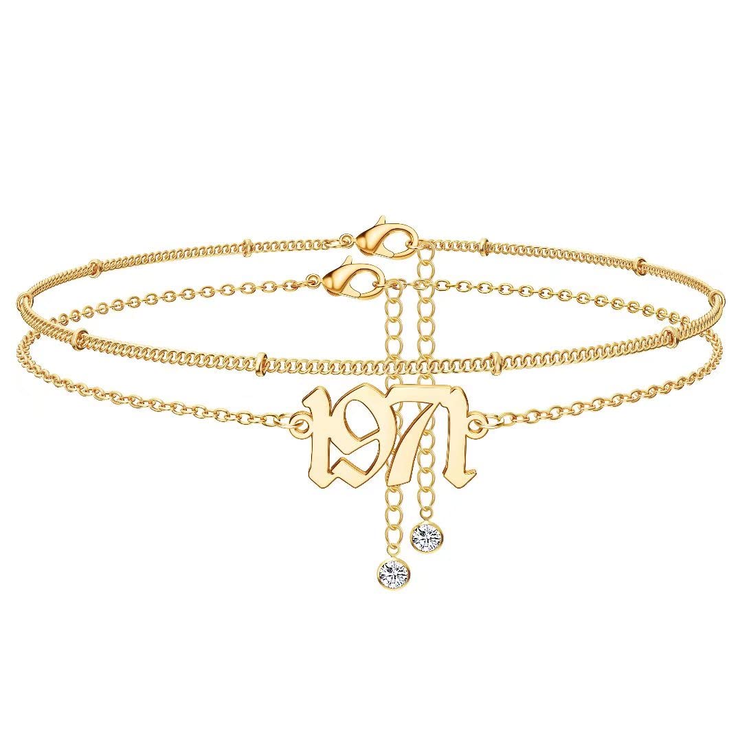 14K Gold Plated Birth Year Anklet for Women - 1970-2021 Beach Jewelry & Birthday Gift