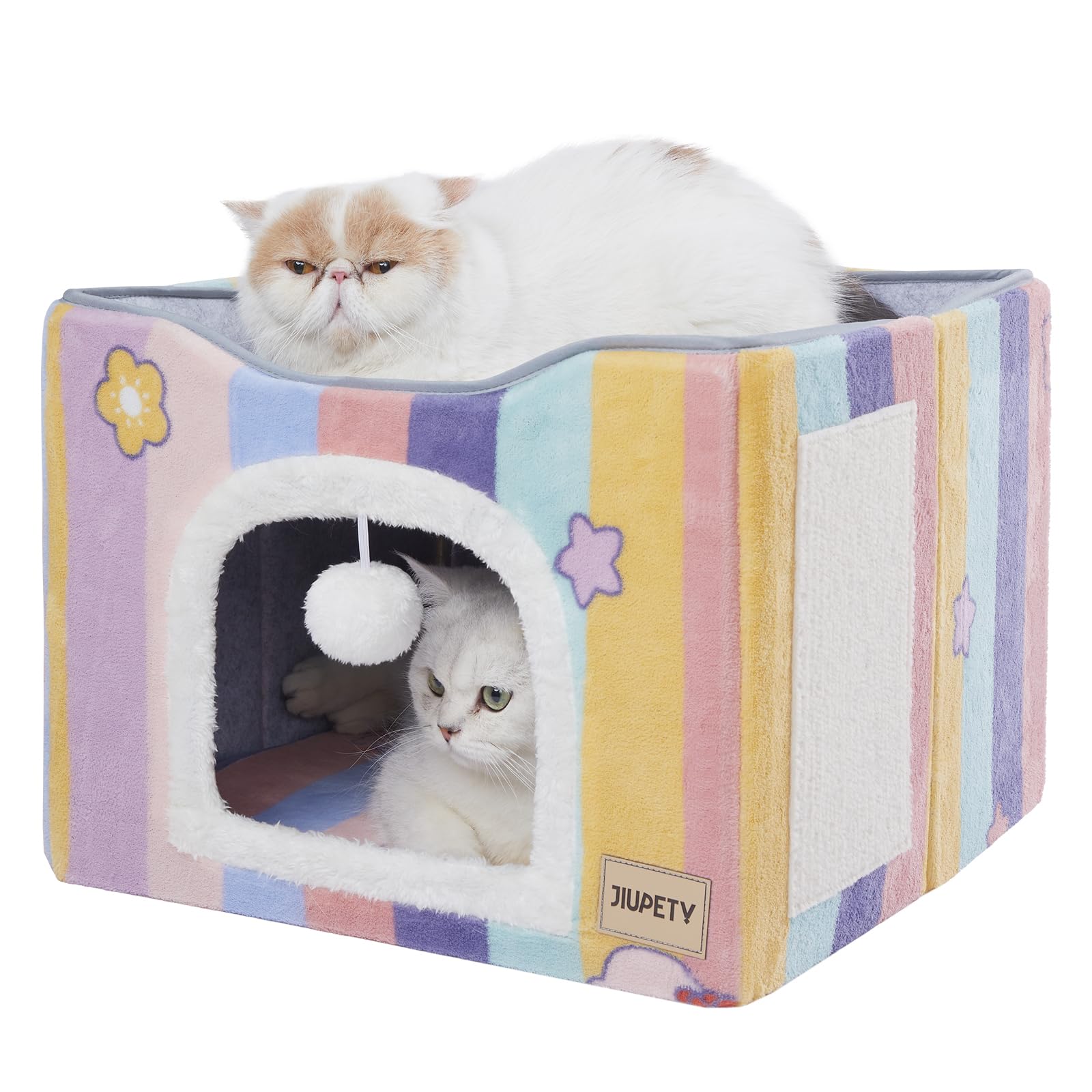 Jiupety Foldable Cat Bed for 2 Cats - Large Indoor Cat House with Scratch Pad & Toy Ball - 17in Pink Rainbow Cat Cave Cube for Hideaway - Perfect for Kittens, Multi-Cat Homes & Cozy Nap Spaces
