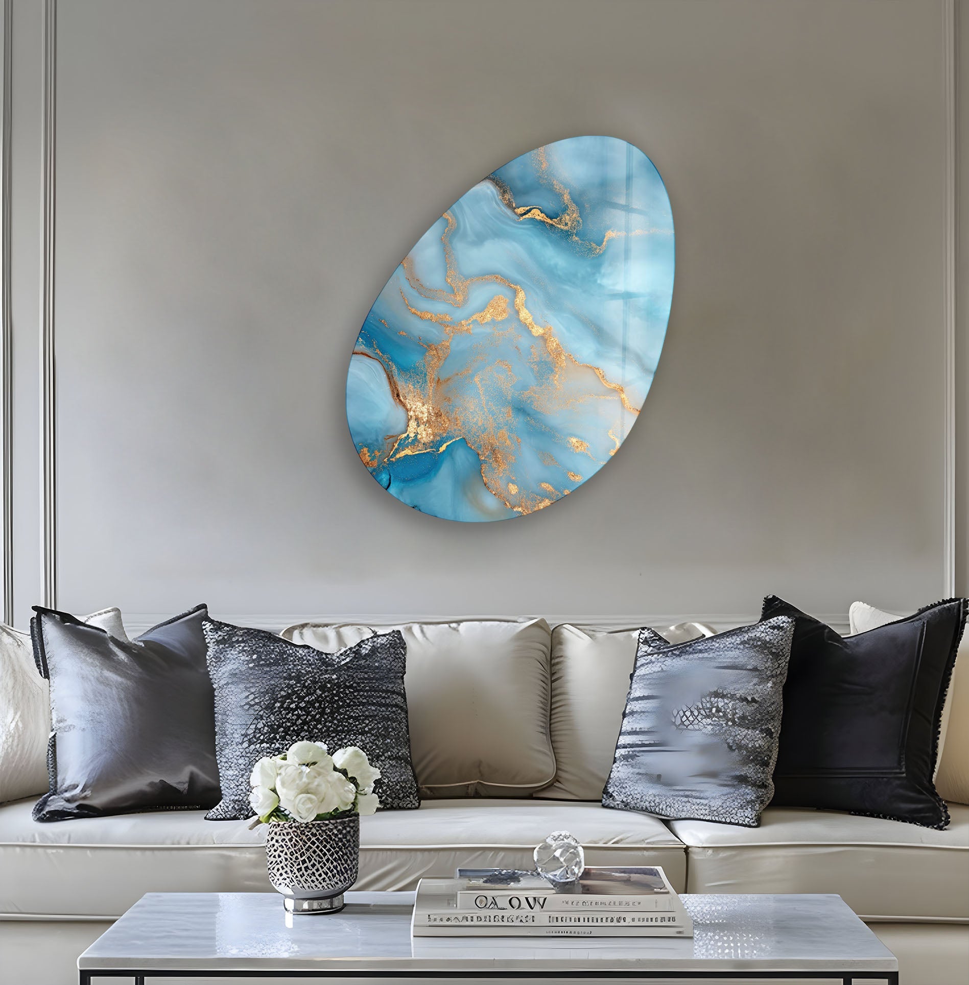 Elegant Blue Marble Oval Glass Wall Art - Modern Home Decor for Living Room, Bedroom & Office - Perfect for Adding Stylish Accents to Any Space