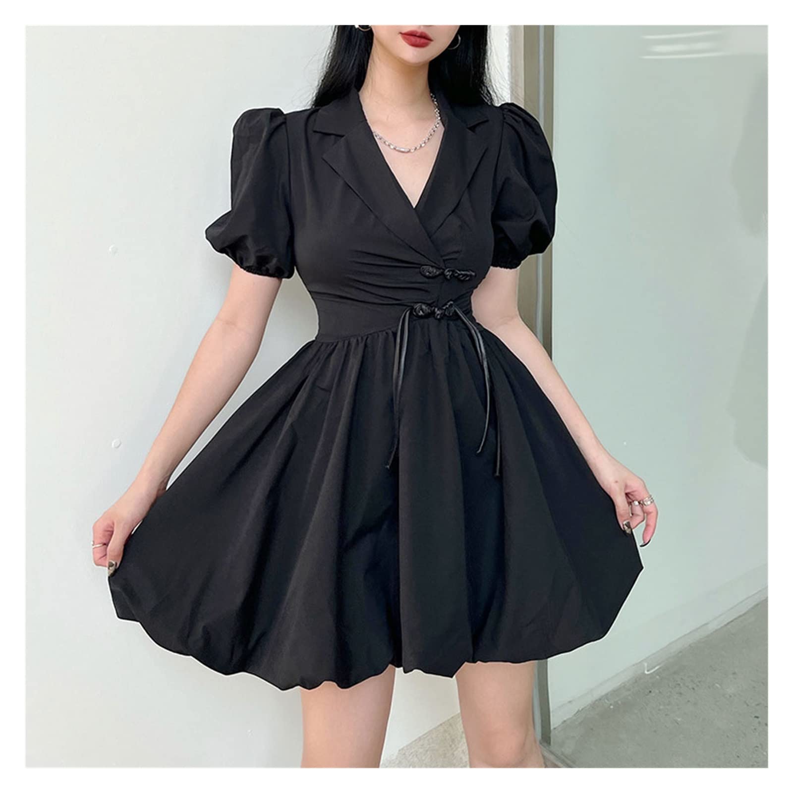 Elegant Puff Sleeve Black Party Dress for Women - Solid Buttons Mini Summer Dress (Black, Size L) | Perfect for Cocktail Parties, Weddings & Date Nights