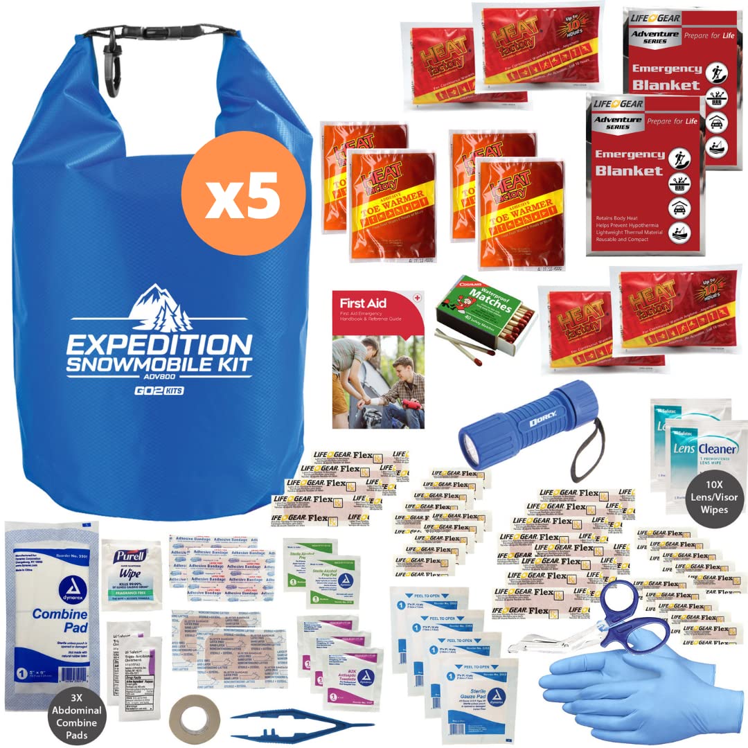 Go2Kits 5-Pack Snowmobile Cold Weather Survival Kit - Emergency Blanket, Hand Warmers, First Aid Tools for Winter Outdoor Adventures, Camping & Emergency Preparedness