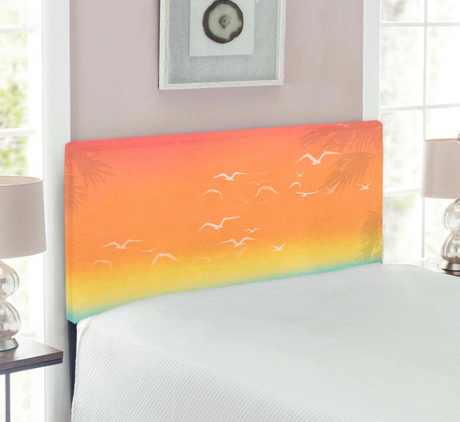 Ambesonne Seagulls Upholstered Headboard - Tropical Island Sunset Print with Palm Trees & Birds, Memory Foam Twin Size Metal Bed Frame - Perfect for Coastal & Beach-Themed Bedroom Decor
