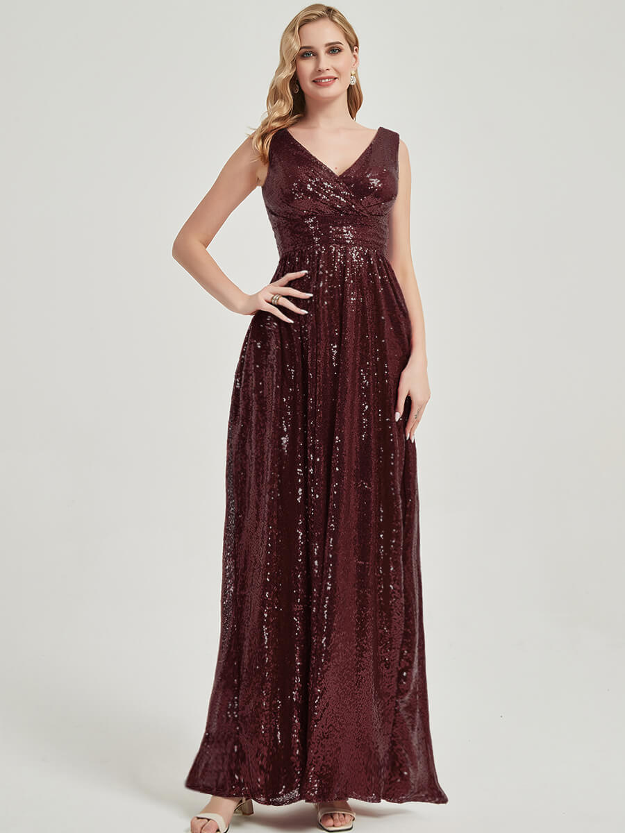 Elegant Cabernet V-Neck Sleeveless Empire Waist Sequin Maxi Bridesmaid Dress for Weddings, Prom & Formal Events