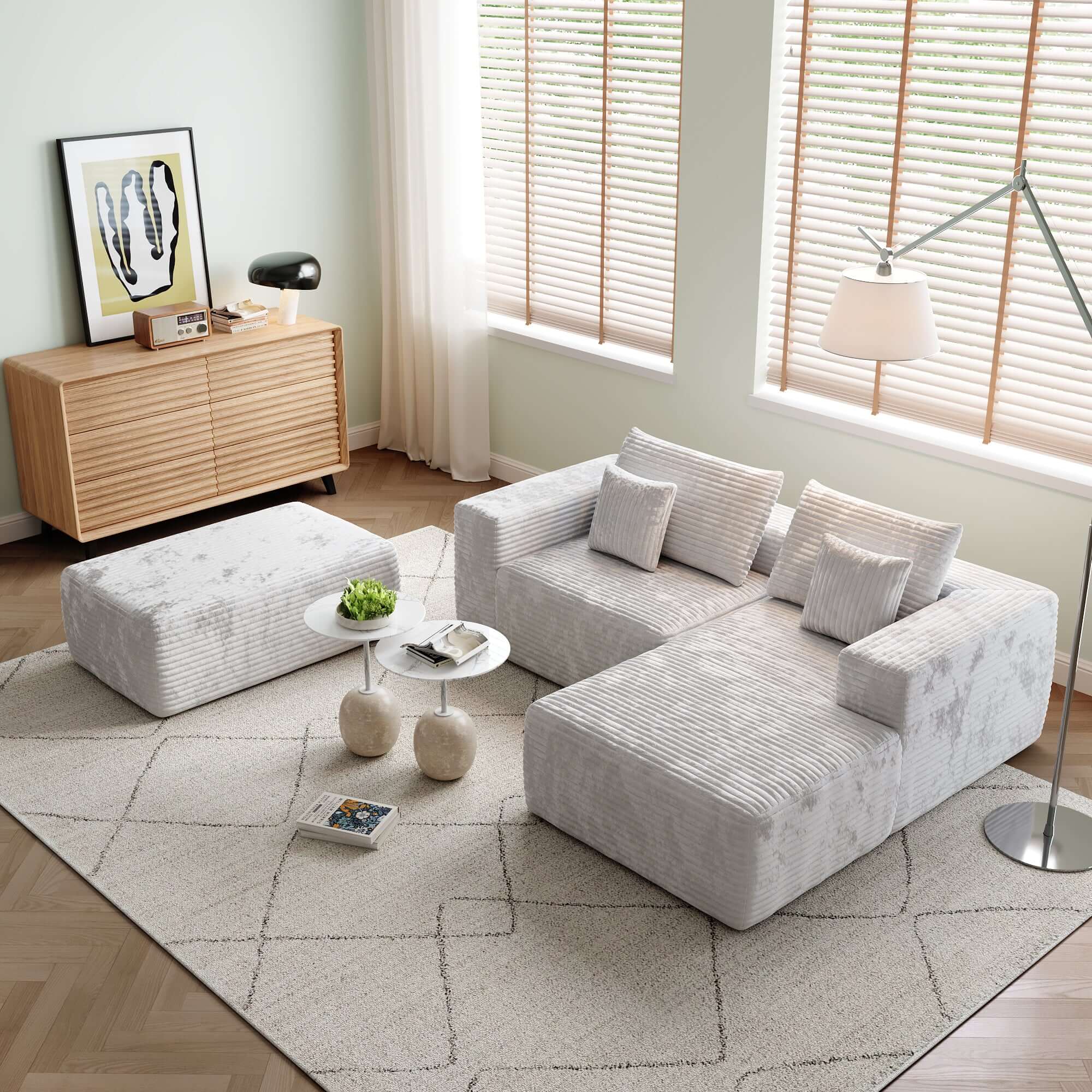 L-Shaped Beige Corduroy Sofa with Ottoman - Modern Comfortable Sectional Couch for Living Room, Lounge & Small Spaces
