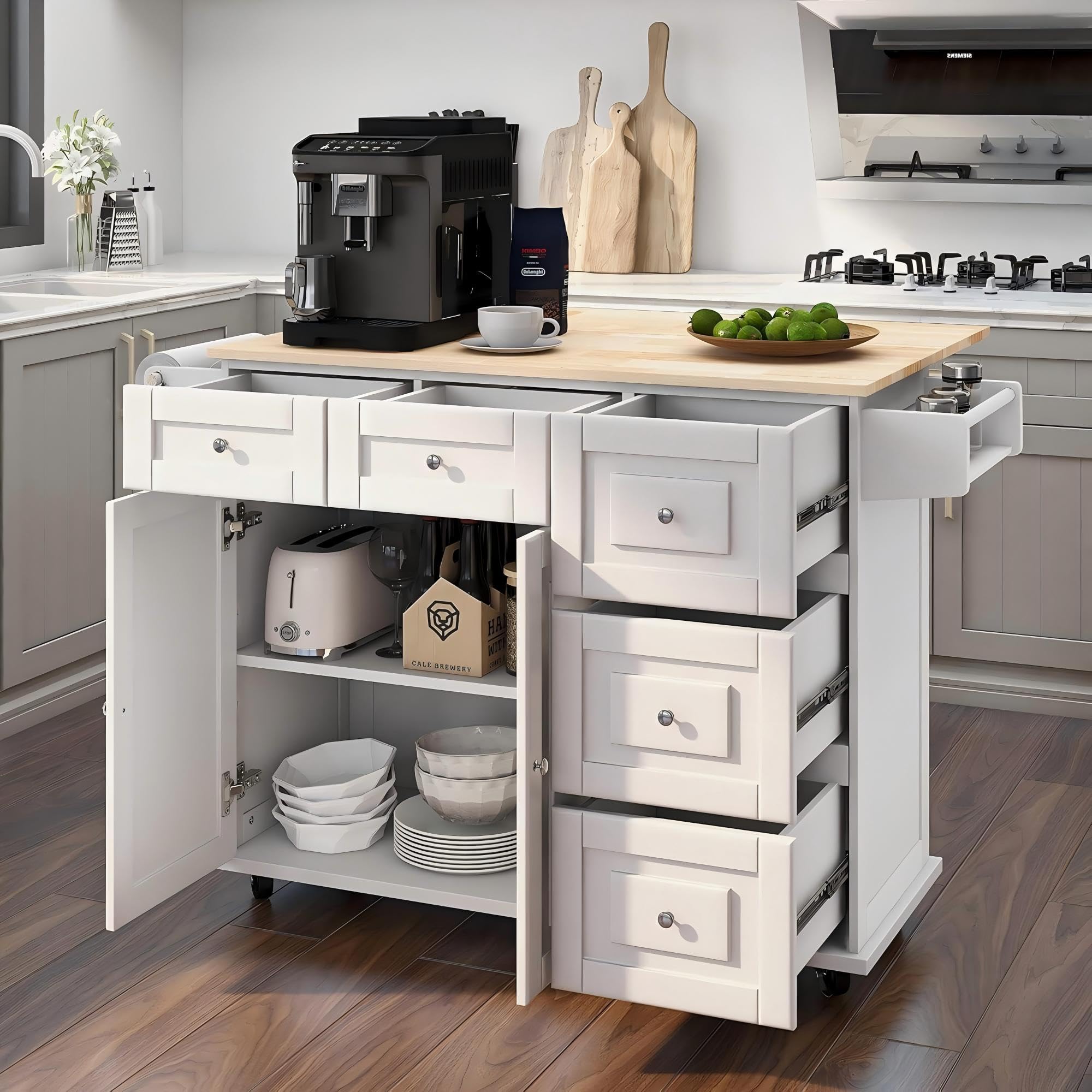 HOMREST Mobile Kitchen Island Cart with Drop Leaf, Wooden Countertop, Spice Rack, Adjustable Shelves & Drawers - White | Rolling Kitchen Cart for Small Spaces, Breakfast Nook, Dining Prep & Extra Storage
