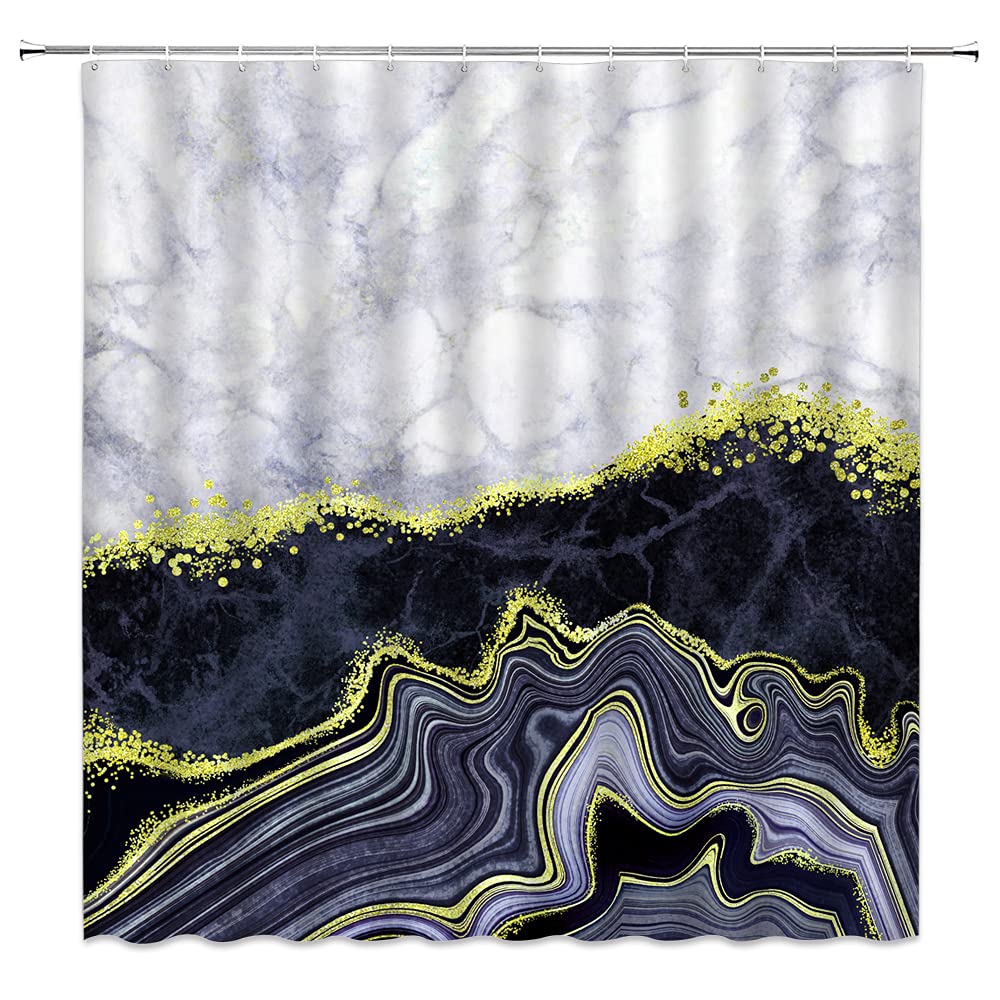 Blue Black Marble Shower Curtain - Abstract Glitter Golden Cracked Design with Modern Gray Texture | Luxury Stone Pattern Bathroom Decor Set with Hooks | Perfect for Spa-Like Bathrooms & Contemporary Home Decor