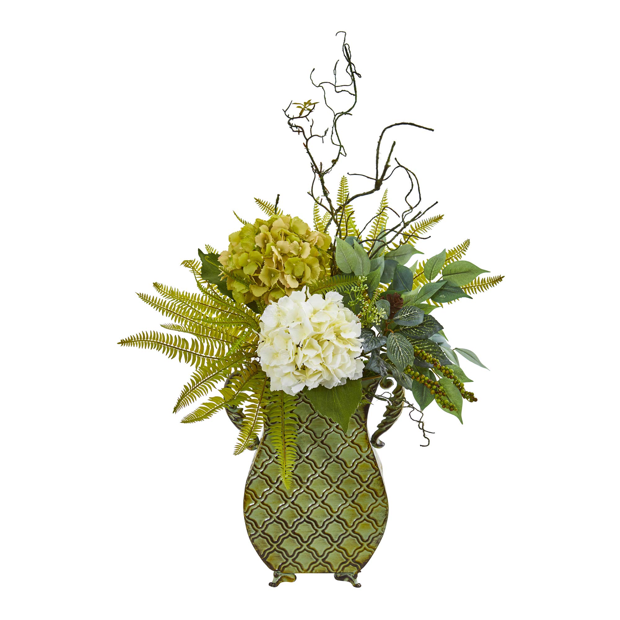 Nearly Natural 25in Artificial Silk Plants - Hydrangea, Ficus & Fern in Metal Planter (Green/White) | Perfect for Home Decor, Office Spaces & Wedding Centerpieces