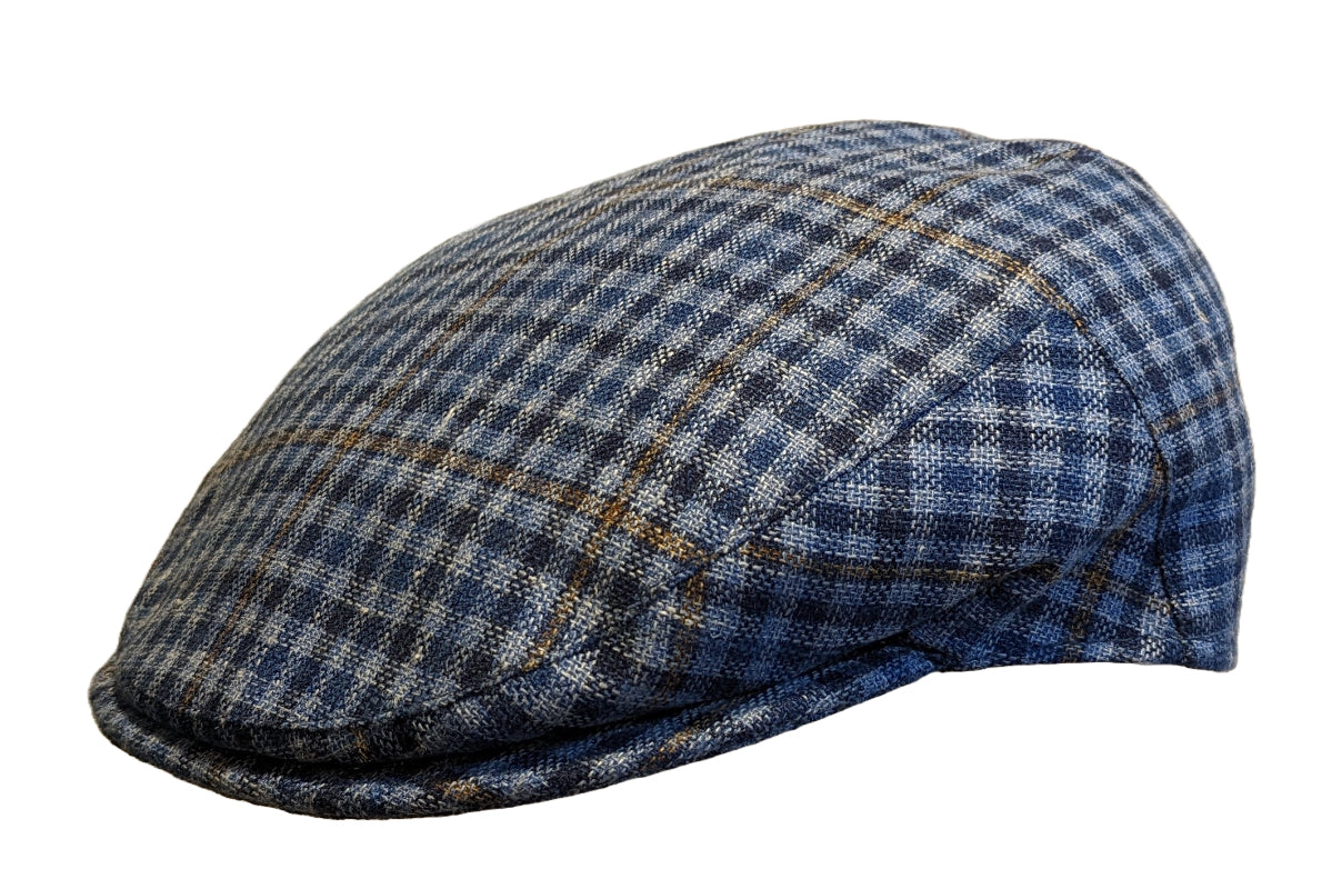 Premium Summer Weight Virgin Wool & Linen Flat Cap - Classic Multi Blue Check Pattern - Perfect for Outdoor Activities, Travel & Casual Wear