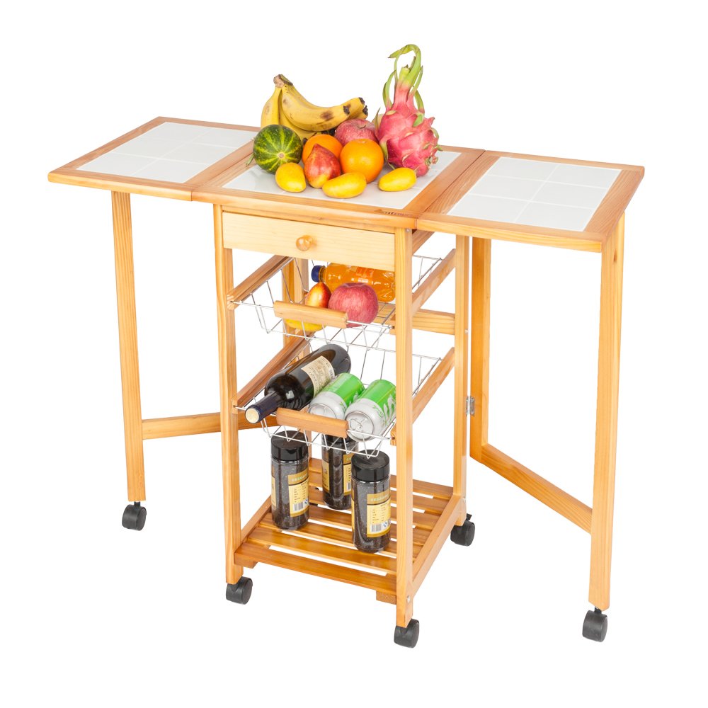 Kepooman Wooden Portable Folding Kitchen Cart with Drop Leaf, Storage Shelves, Drawers & Fruit Baskets - Mobile Kitchen Island for Dining Room, Small Space & Apartment Living - Perfect for Food Prep, Extra Counter Space & Pantry Organization