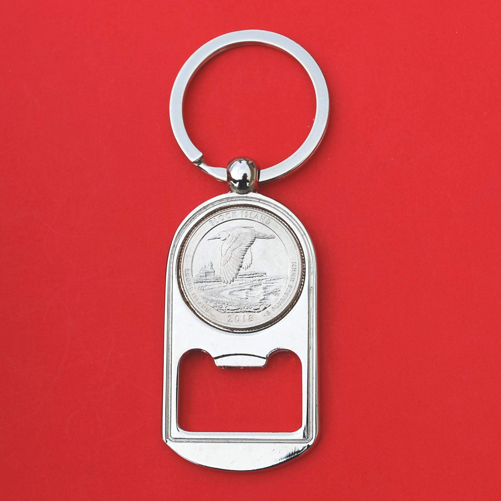 2018 US Rhode Island Block Island National Wildlife Refuge Silver Tone Quarter BU Uncirculated Coin - Keychain, Bottle Opener & Collectible (America the Beautiful Series) | Perfect for Coin Collectors, Gifts & Everyday Carry