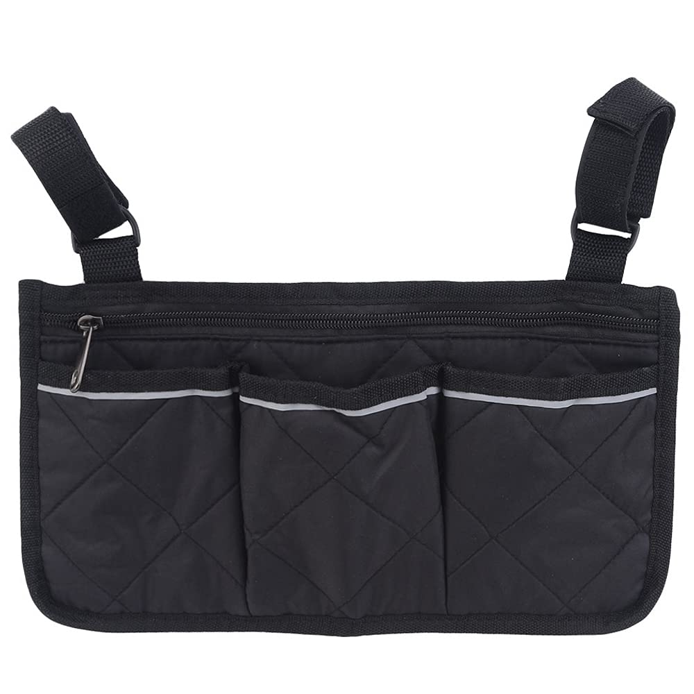 Black Wheelchair Armrest Storage Bag with Reflective Strips - Universal Pouch for Wheelchairs, Bed Rails, Scooters & Walkers - Durable Organizer for Daily Essentials & Medical Supplies - Perfect for Home, Hospital & Outdoor Mobility Needs