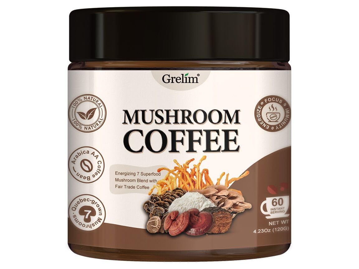 Grelim Mushroom Coffee with 7 Superfood Mushrooms - Premium Arabica Instant Coffee, 4.23 Oz - Boost Energy & Focus for Workouts, Office & Morning Routine