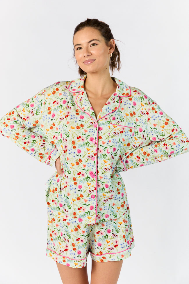 Botanical Floral Print Long Sleeve Pajama Top for Women - Comfortable Sleepwear & Loungewear - Perfect for Relaxing at Home, Spa Days, and Cozy Nights