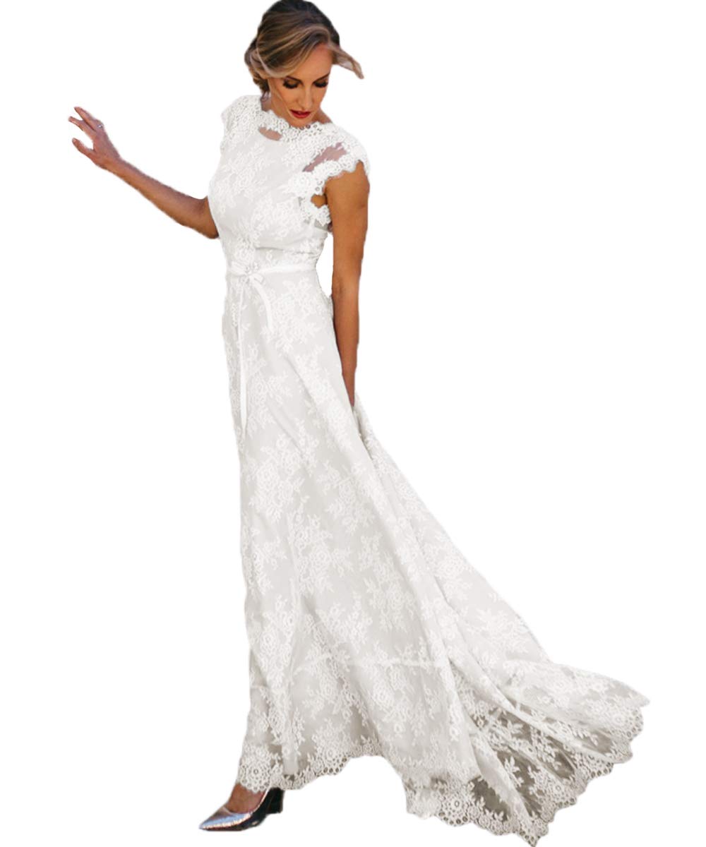 Elegant Boho Lace Wedding Dress for Women – Vintage Country Style Cap Sleeve Open Back Bridal Gown | Perfect for Beach Weddings, Garden Ceremonies & Romantic Vow Renewals