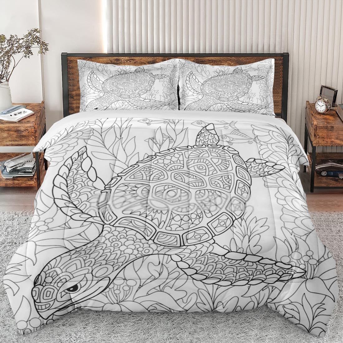 Queen Size Comforter Set - Turtle Sea Floral Animal Print Soft Bedding for Kids & Adults | Ocean Flower Fish Design with 2 Pillowcases | Perfect for Coastal Themed Bedrooms, Guest Rooms & Kids' Rooms