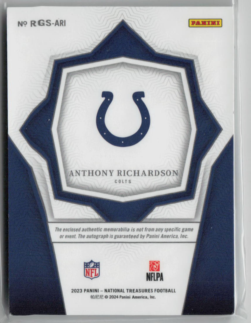 2023 Panini National Treasures Anthony Richardson Rookie Patch Autograph Card #16/25 RGS ARI - NFL Collectible for Sports Memorabilia Fans & Card Investors | Perfect for Display, Trading, and Gifting