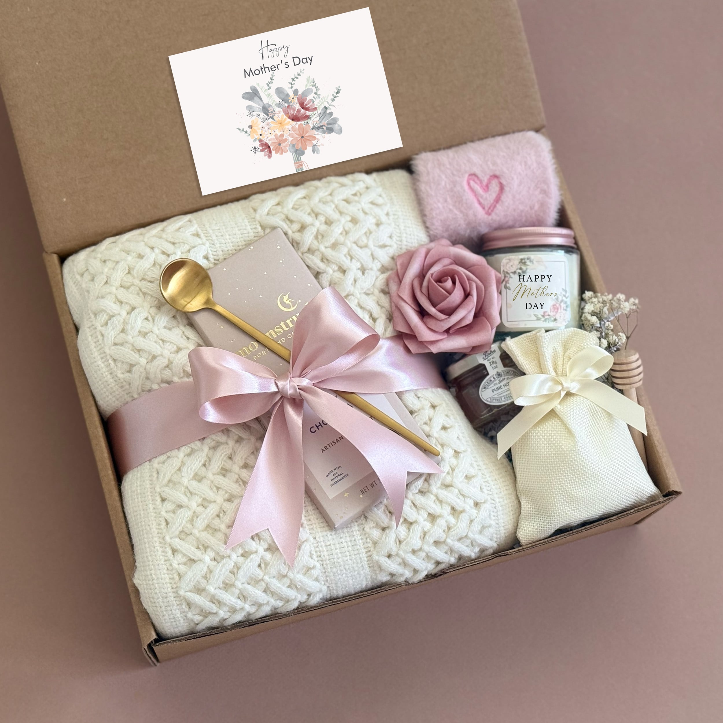 Mother's Day Self Care Gift Box - Cozy Blanket, Fuzzy Socks, Relaxing Tea, Scented Candle, Honey & Chocolate - Perfect for Spa Day, Relaxation & Pampering Mom