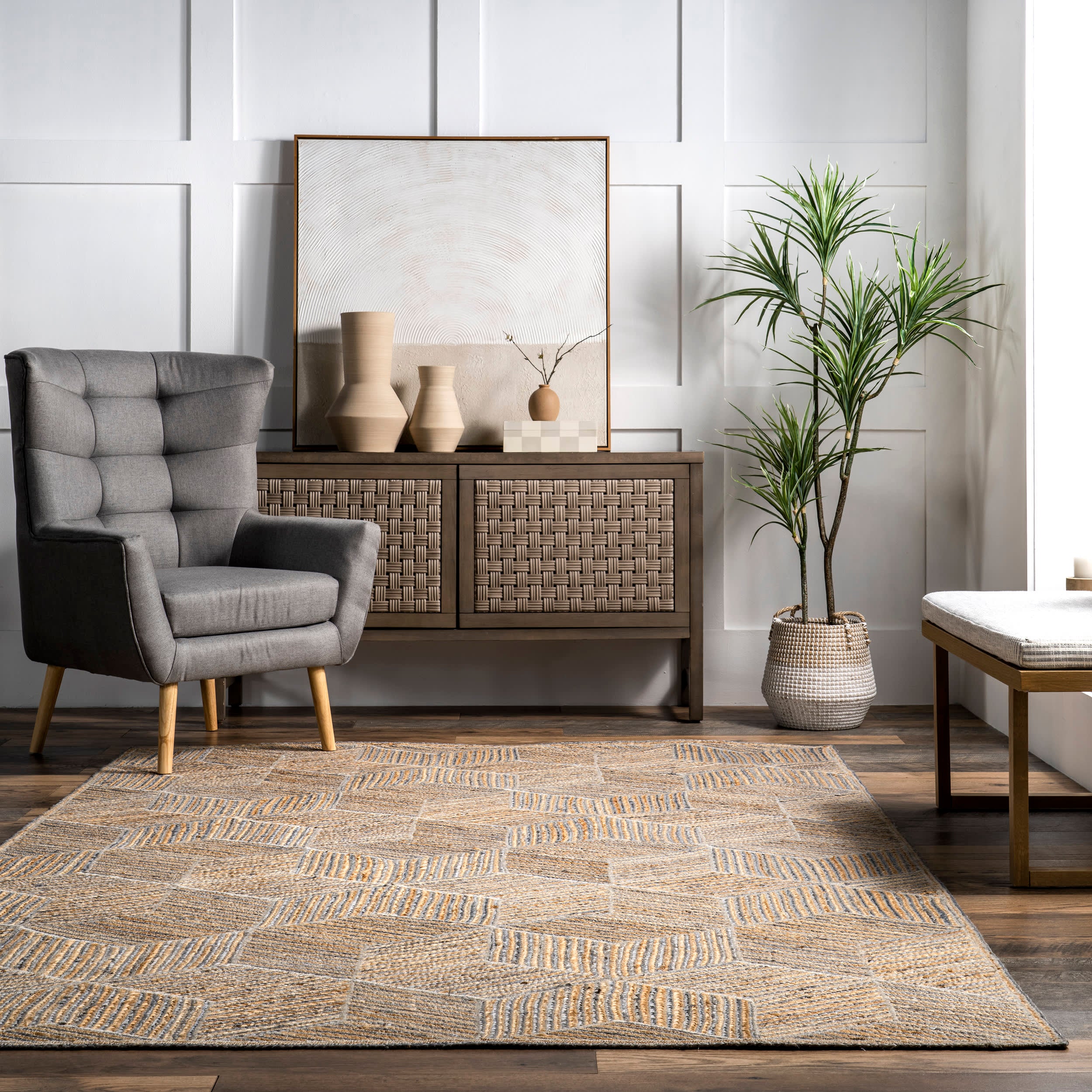 Alisun Blue Jute Hexagon Tiled Rug - Eco-Friendly Handwoven Natural Fiber Floor Mat for Boho Living Room, Bedroom or Nursery Decor