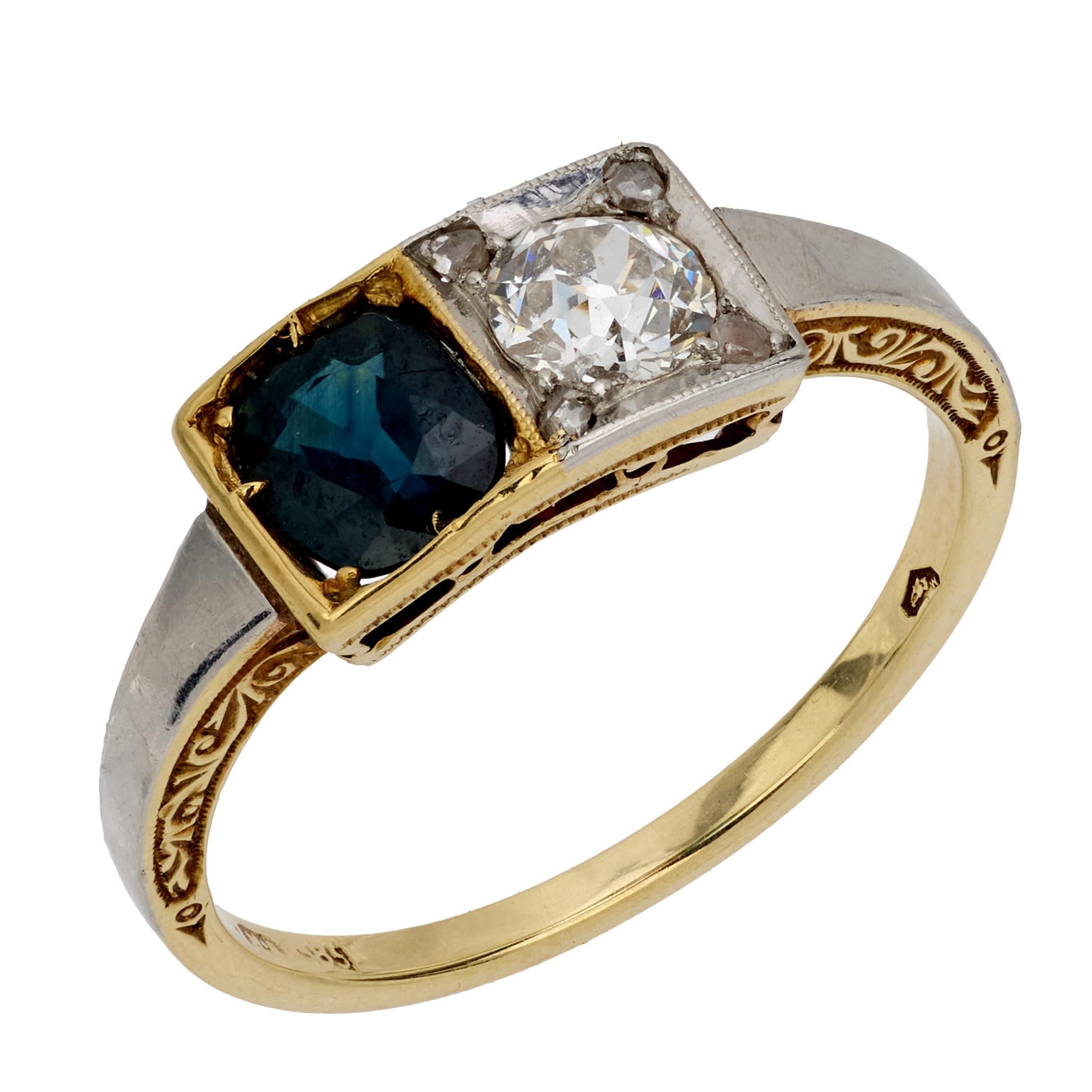 Vintage Art Deco Austrian 14K Yellow Gold Toi Et Moi Ring with Diamond & Sapphire - Perfect for Engagement, Anniversary & Special Occasion Gifts
