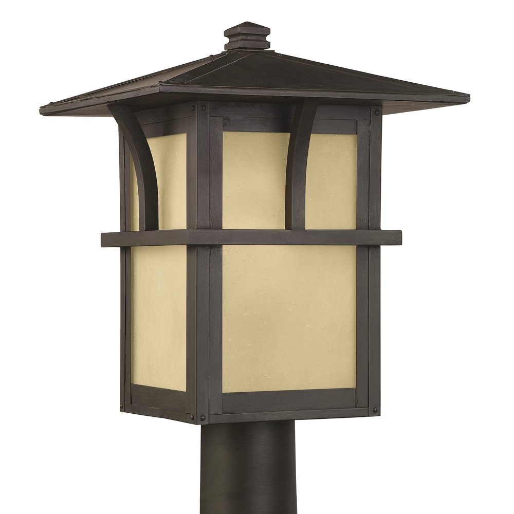 Sea Gull Lighting 82880-51 Medford Lakes Outdoor Post Lantern - 1 Light, Etched Hammered Design with Light Amber Glass Panels, Statuary Bronze Finish - Perfect for Porch, Garden, Pathway and Driveway Lighting