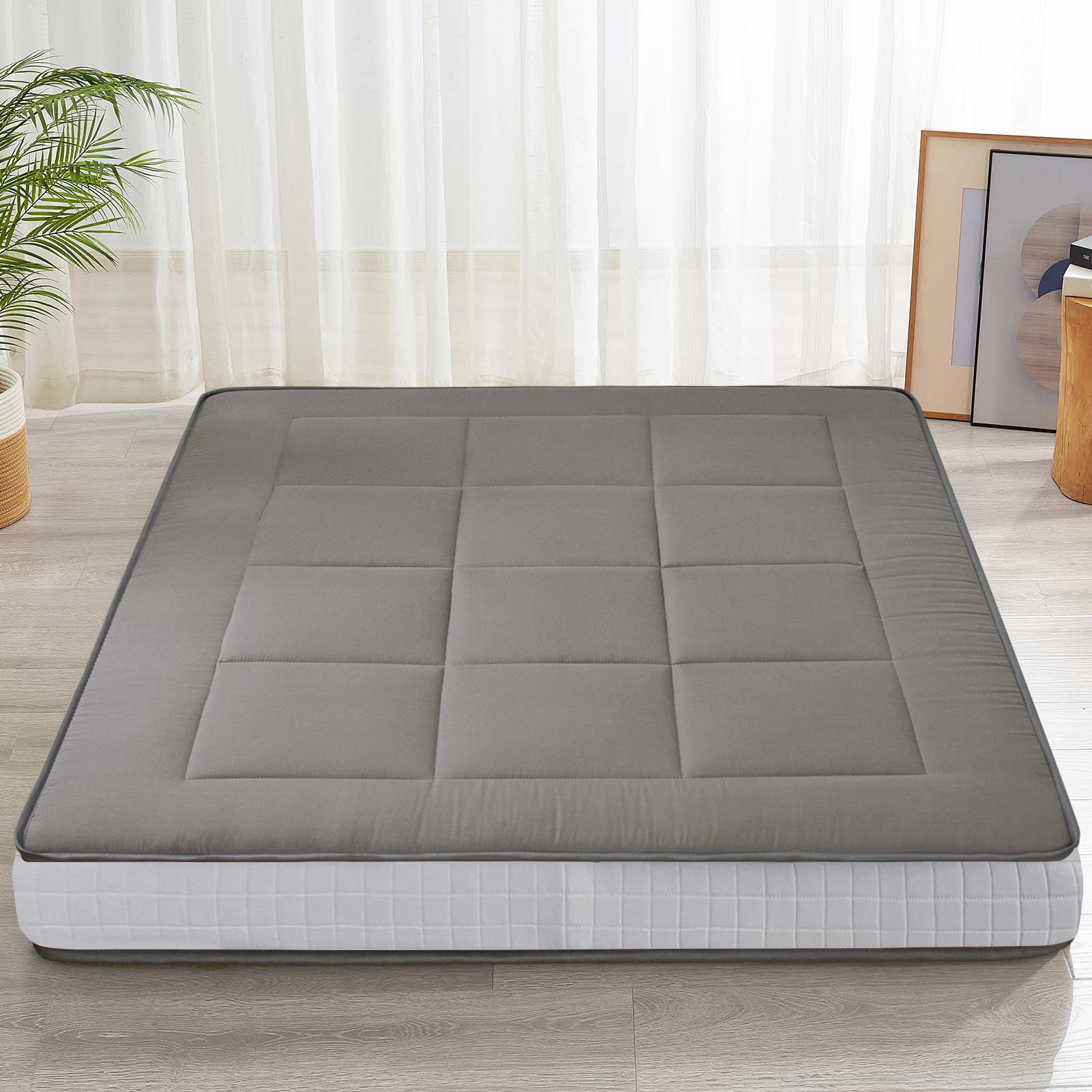 MAXYOYO 6-Inch Extra Thick Floor Futon Mattress - Square Quilting Design, Dark Grey | Foldable Guest Bed, Floor Couch, Dorm Room & Small Space Solution