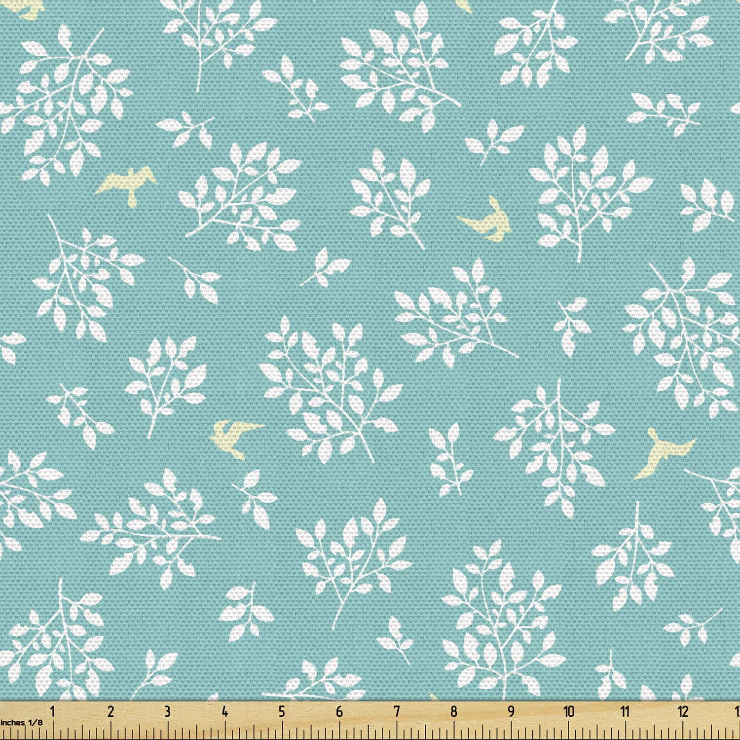 Ambesonne Spring Fabric by The Yard - Romantic Soft Botanical Leaf & Bird Design on Pastel Background | 10 Yards Turquoise White Cream Upholstery Fabric for Sofa, Curtains & Home Decor | Perfect for DIY Projects, Bedding & Crafting